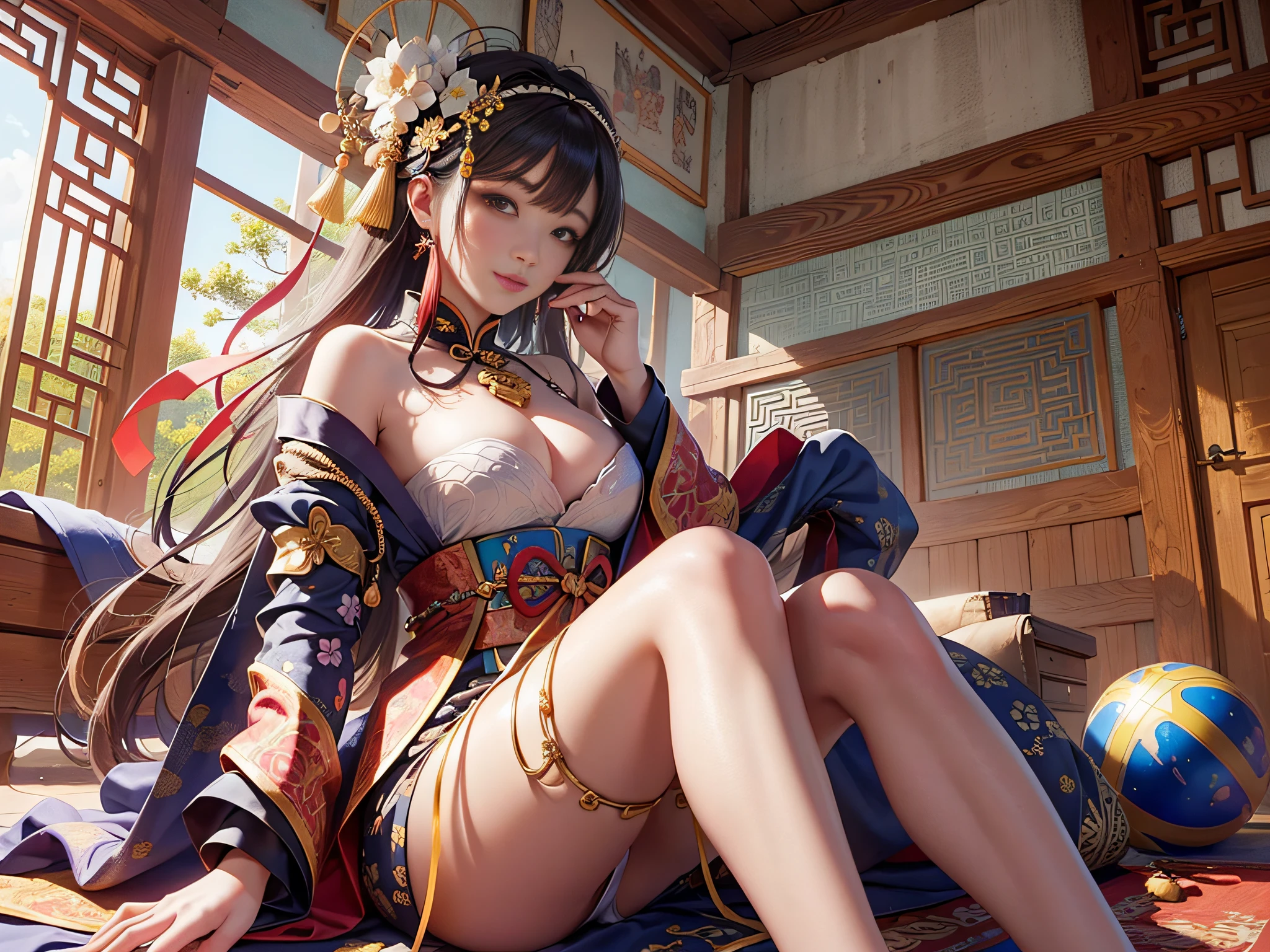 Official Art, Unified 8K Wallpapers, Ultra Detailed, Beautiful and Aesthetic, Masterpiece, Best Quality, (Zentangle, Tangle, Entangle), (fractal art: 1.4), 1girl, ball head, twist braid, Chinese, kimono, exposed, f-cup, beautiful legs, very detailed, dynamic angle, cowboyshot, (most beautiful form of chaos), ethereal, (bright colors), oc, sitting on a futon, china, (thangka flying sky: 1.5), (ribbon: 1.3), (dream: 1.5), (smile: 0.5), (Chinese deity),