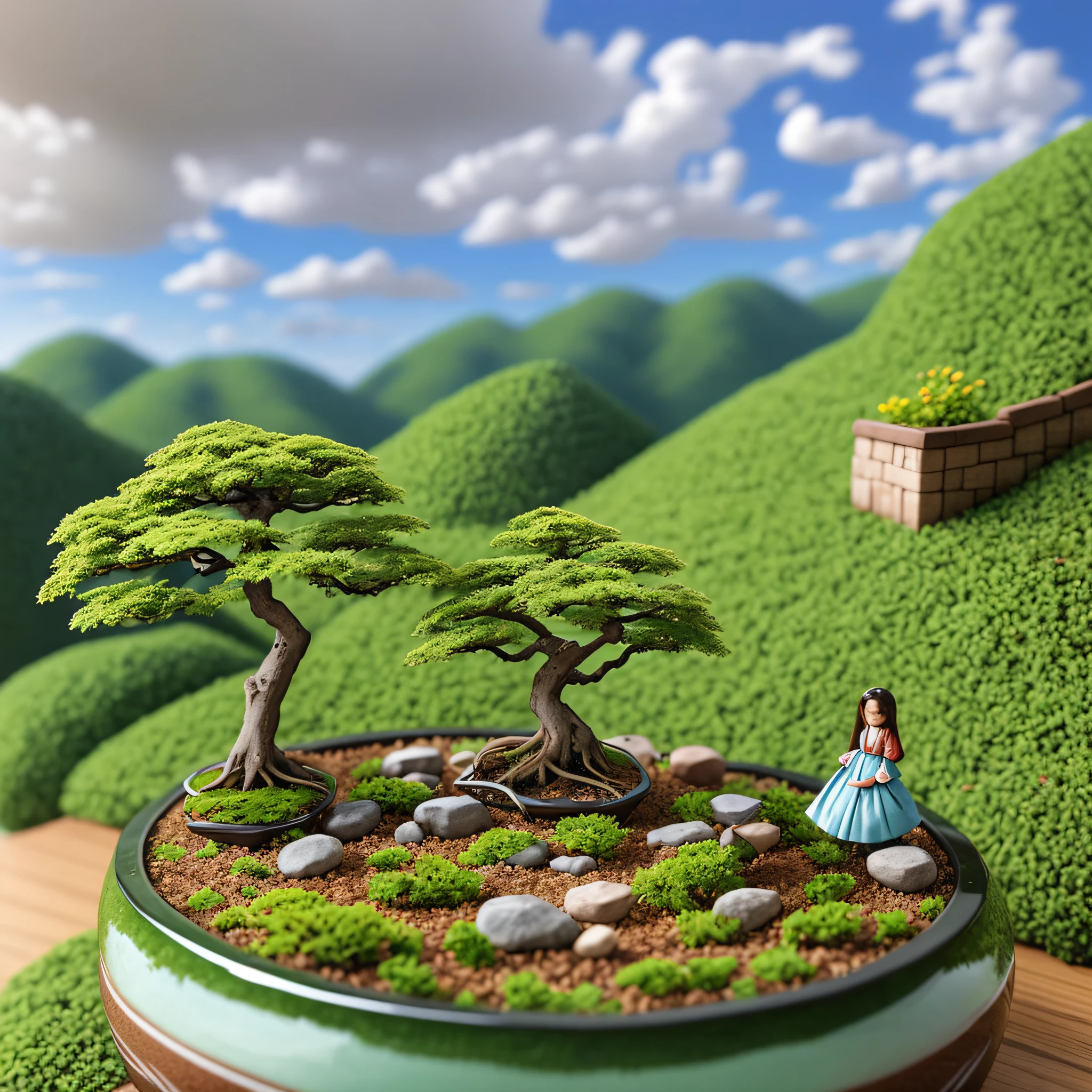 Miniature bonsai landscape with dolls above --auto --s2