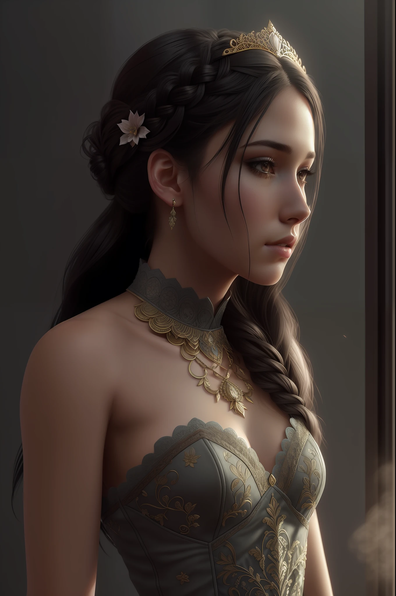 (super detailed), high resolution 8k wallpaper, best quality, full body, a beautiful young canadian woman, black hair, two braids, (highly detailed hair: 1.4), smoke, fog, (dark forest: 1.1 ), bokeh, faded, neutral colors, (hdr: 1.5), ((pastel colors)), colorful dresses, floral decorations, skirts, fantasy style, intricate scene, artstation, super detailed, dramatic lighting, Intricate Detail, [Vignette], Intricate Background, ( (((Movie Look)))), Soothing Tones, Intricate Detail, Ultra Detail, Stone Gray Mood, (Wide Angle), Realistic, Sharp focus, beautiful lips
