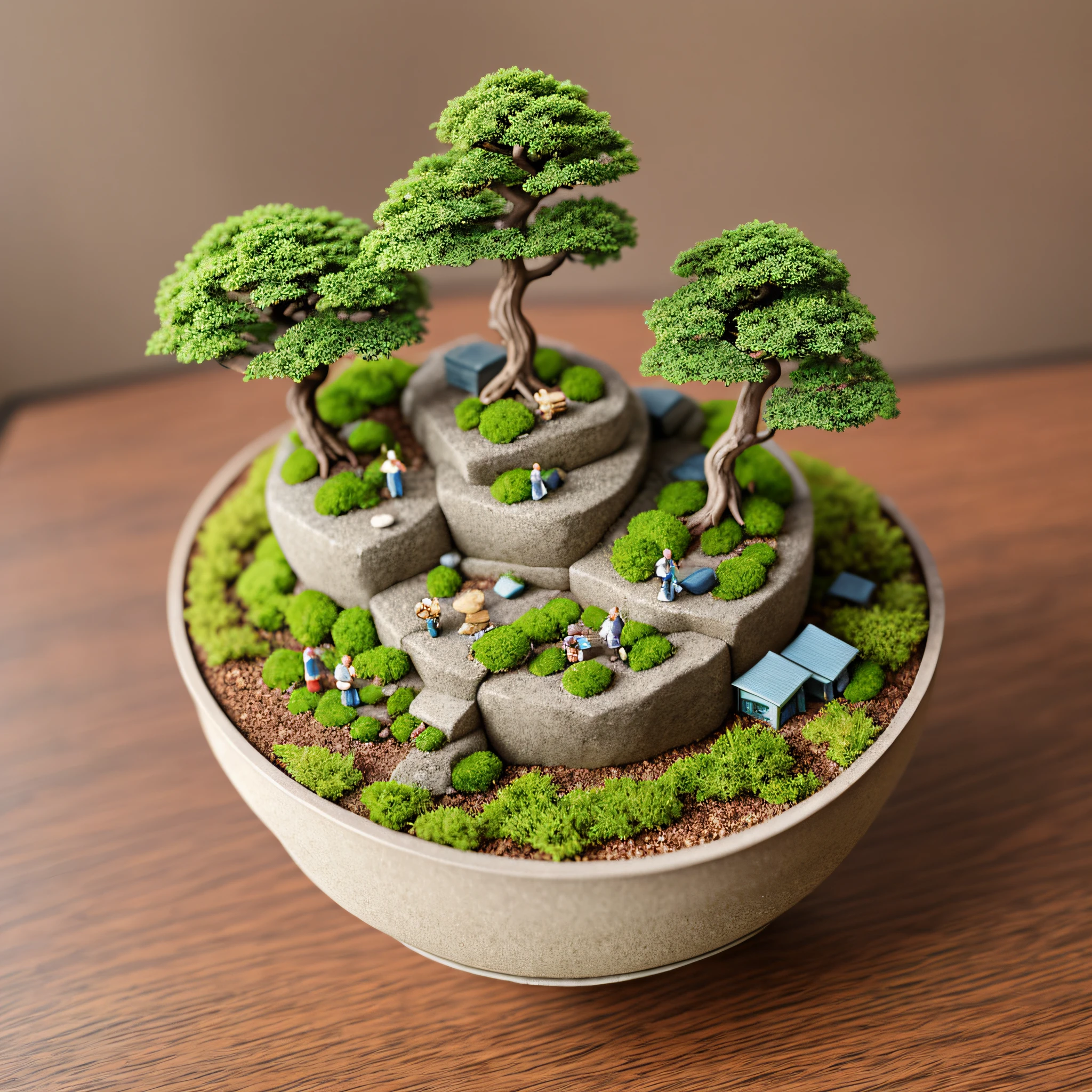 Miniature bonsai landscape with dolls above --auto --s2