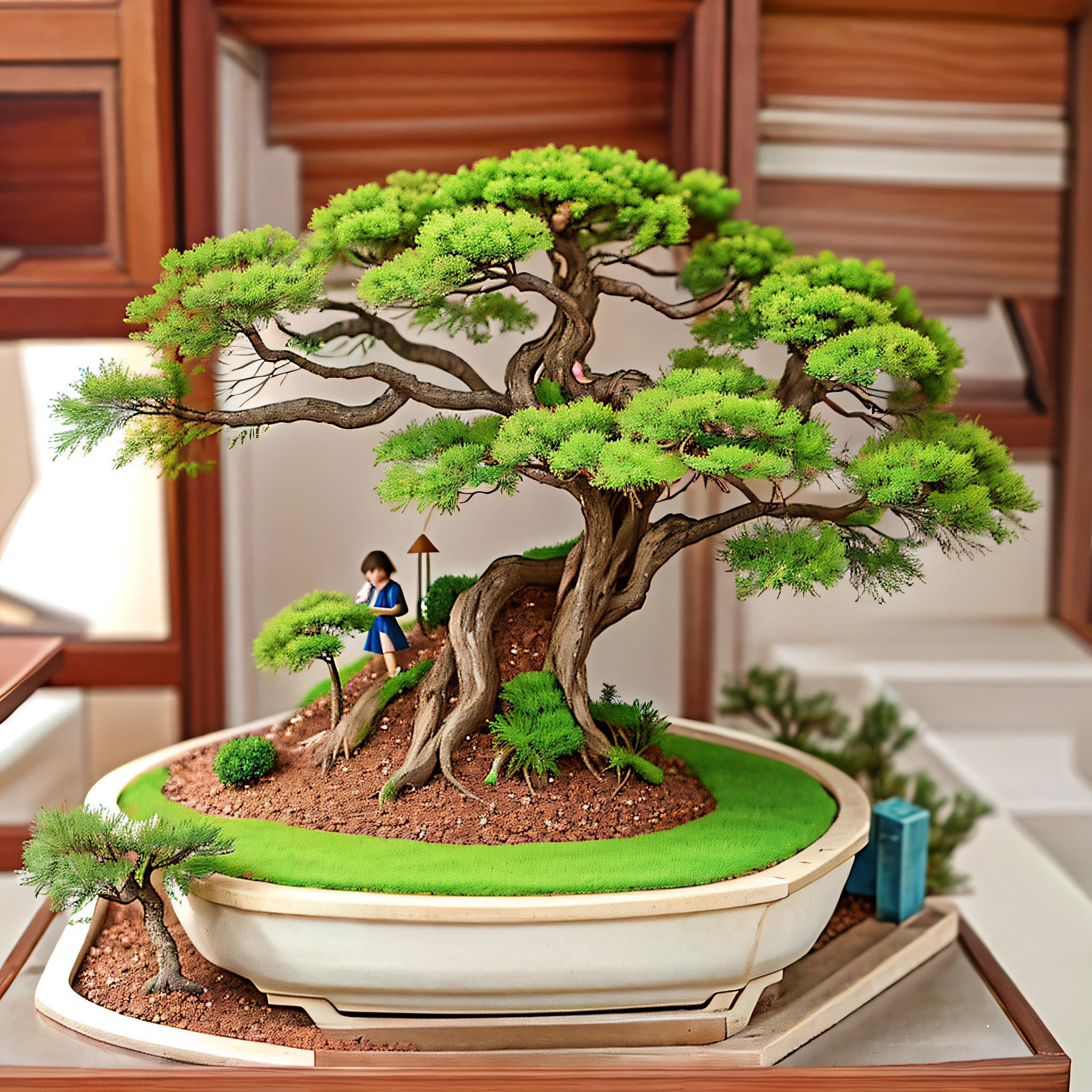 Miniature bonsai landscape with dolls above --auto --s2
