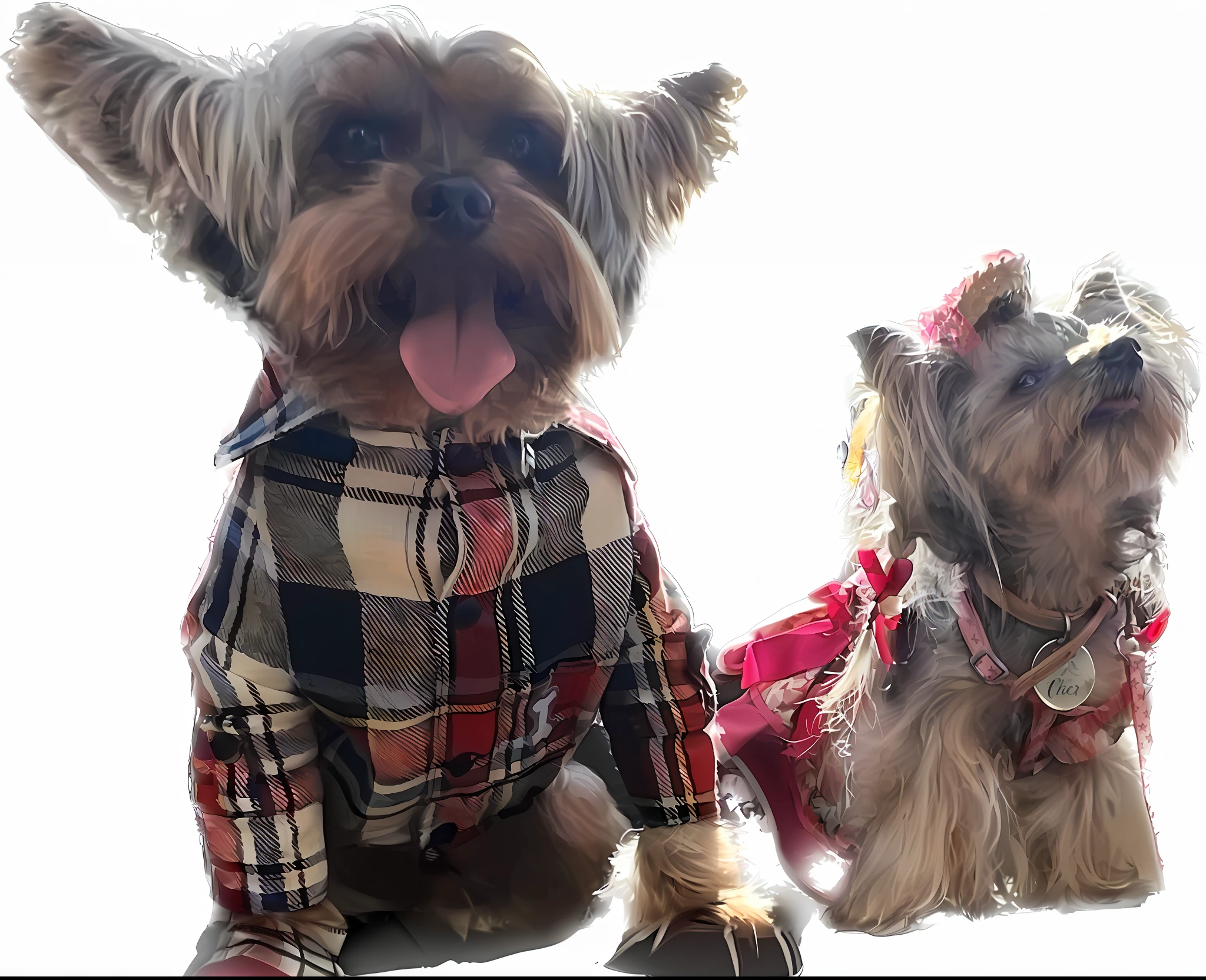 two dogs wearing plaid shirts and bow ties sitting next to each other, wearing a flannel shirt, yorkshire terrier, wearing a plaid shirt, front side views full, sweet looks, wearing fancy clothes, slide show, flannel, posed, looks smart, two dogs, looking heckin cool and stylish, wearing plaid shirt, candid, portrait shot, various posed, wearing shirts