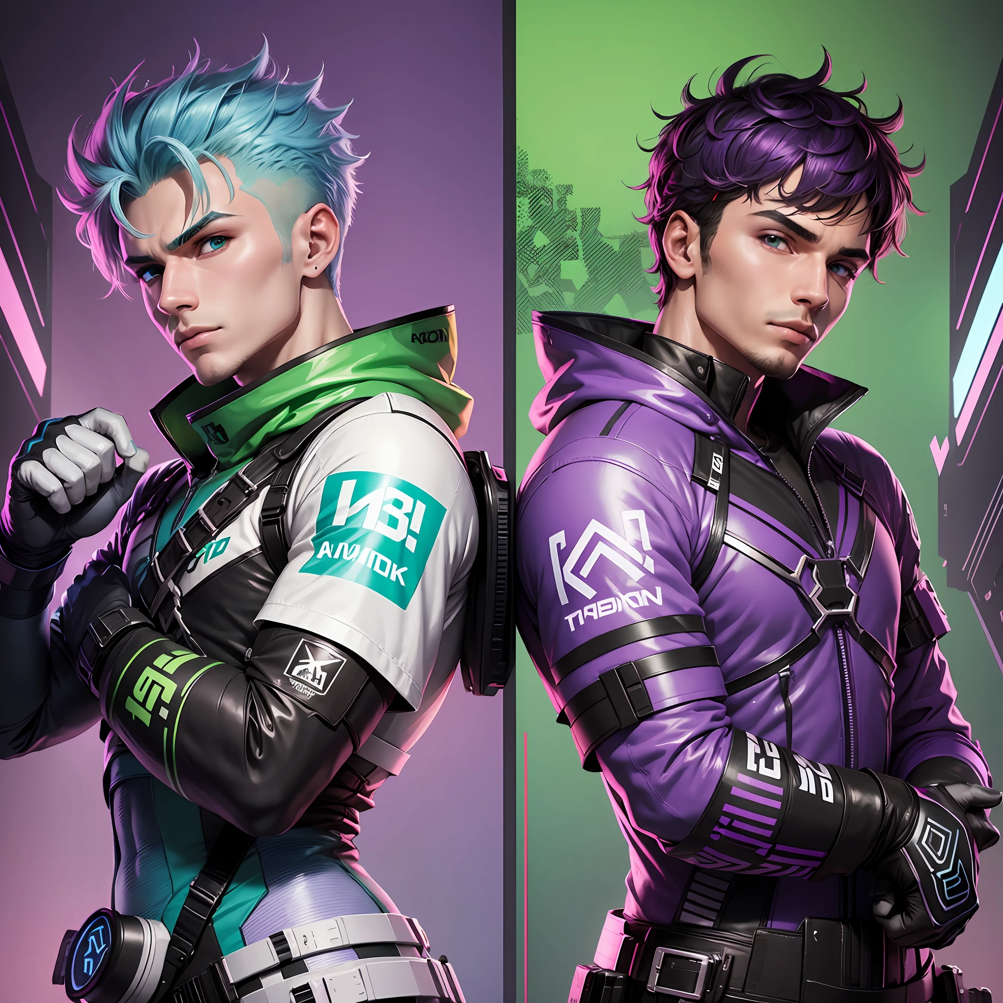 Two Men white, digital, logo, gamer stickers, in 8k, colors purple, cyan-green, red, neon, bright, Brazilian, Latino --auto --s2