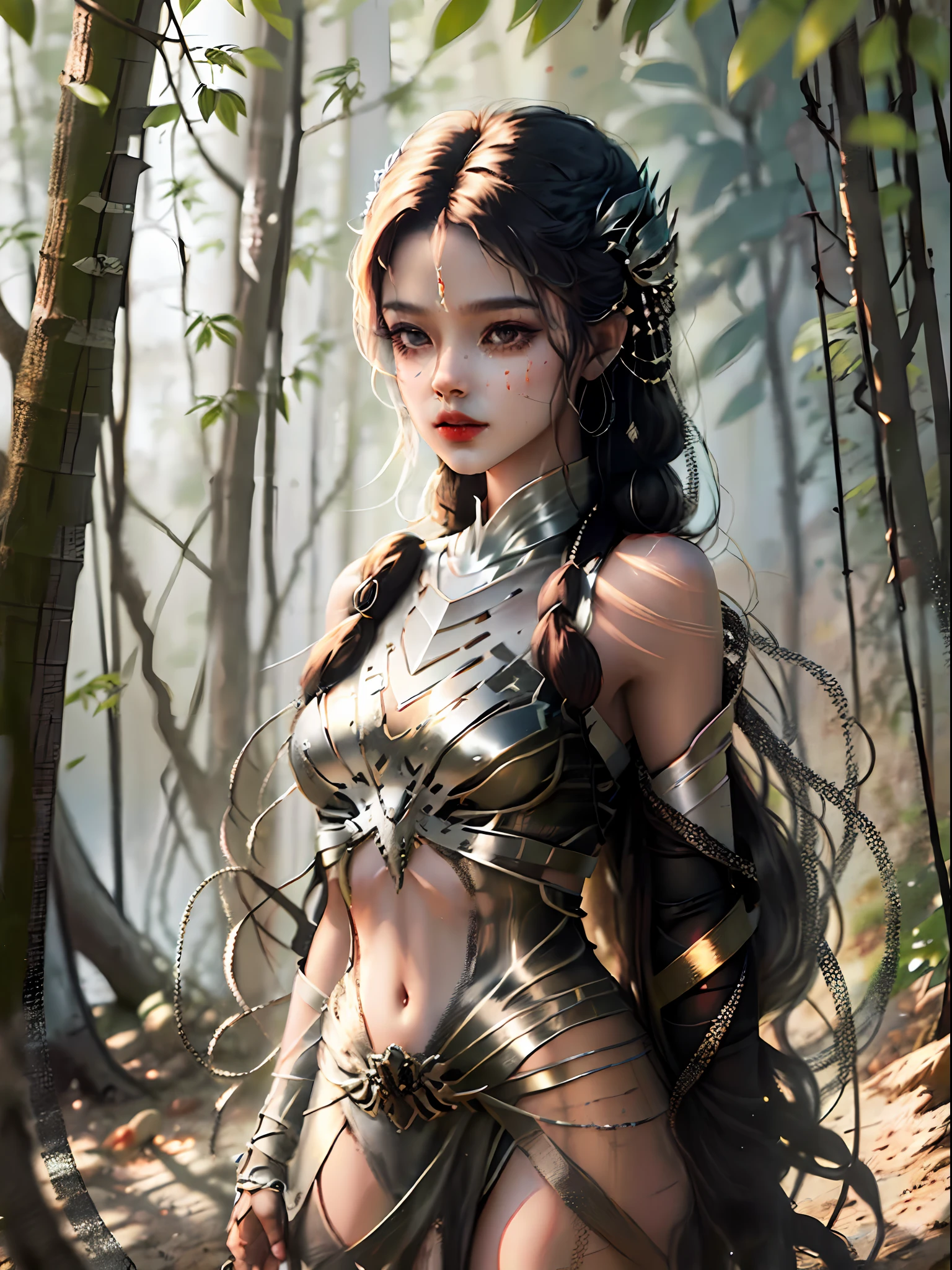 best quality, ultra shredded, cinematic scene, strong feminine energy, brave souls, skilled archers, dirt floor, dense forest, filtered sunlight, combat suits, long braided black hair, tanned skin, army --auto --s2