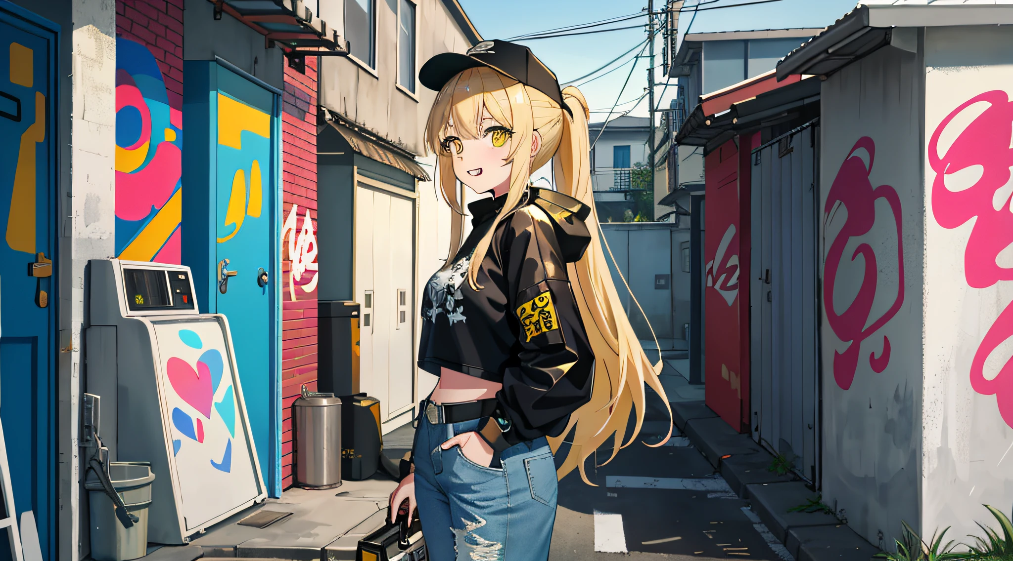 modern architecture, photorealism, super detailed photos, clean sky, ruined city, cyberpunk, rain original characters, volumetric lighting, best shadows, shallow depth of field, stunning girl portrait, petite, delicately beautiful and charming face, charming yellow eyes, messy painted face, sharp eyebrows, bright smile, open mouth, fangs exposed, cute medium breasts, layered long ponytail blonde hair, blush eyeshadow, thick eyelashes, applejack hat, oversized pop jacket, Mini Underboob Tee, crop top, slim waist, denim jeans, buckled belt, In The Graffiti Alley, trash can, outside the stairs, outdoor unit, holding paint can, standing, (highest quality, amazing detail: 1.25), (solo: 1.3), brilliant and colorful painting