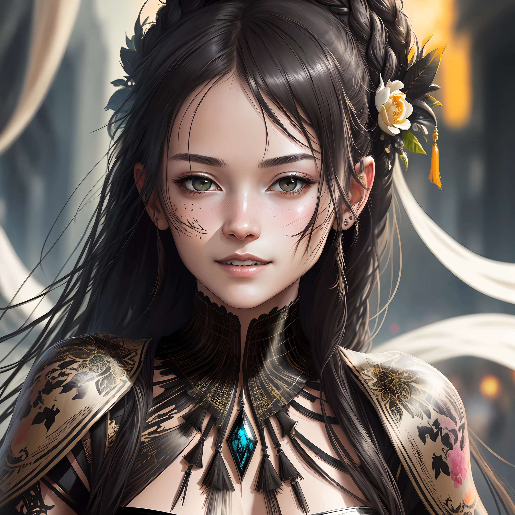 Portrait of a cheerful braided beauty who feels happy in a crowd, white skin tone, princess dress, studded background, squeezing pose, waist up photo, perfect face, very detailed. colours, color themes, fierce, black pupils, black eyes, ink, splash art, minimal, masterpiece, finest quality, highly detailed, intricate, artwork by Carne Griffiths and Wadim Kashin, fantasy concept art, 32k resolution, hyperrealism, photorealistic, beautiful and very detailed, very detailed, natural skin, award winning photography