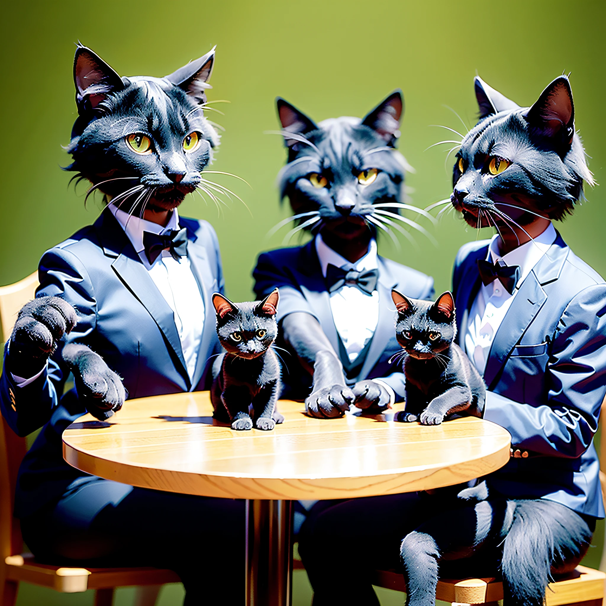 three Black Cats musicians, 3 black feline musicians, dressed in blazer, bow tie, playing and singing jazz