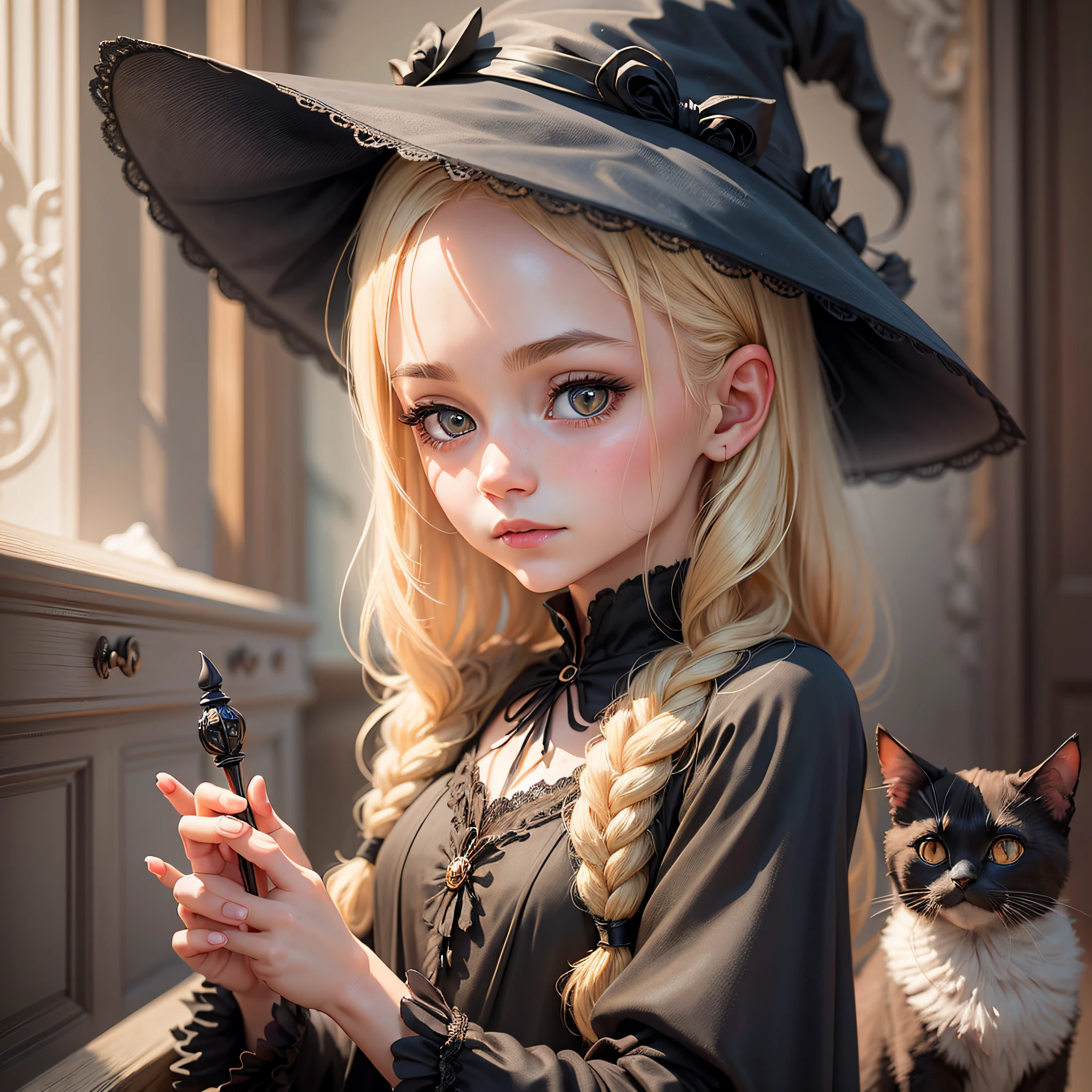 A detailed and charming description of a cute little witch in black with a delicate look, blonde hair and a black cat on the side. Its realistic 3D appearance is captivating, with soft and expressive strokes. The little witch wears a black dress adorned with magical details and holds a magic wand in her hand. Her blonde hair cascades down with a soft sheen, complementing her gentle and curious expression. Beside him, the shiny-furred black cat watches with mysterious, enigmatic eyes --auto --s2