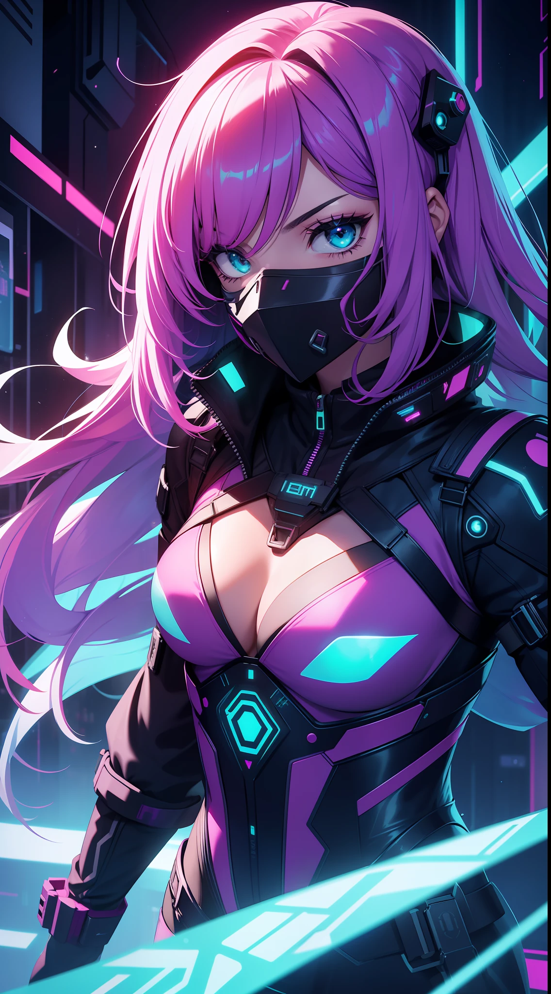1girl solo Style: Cyberpunk
Quality: Futuristic and neon details
Painting: Intense and metallic colors
Image effect: Holograms projected around the character
Appearance: A bold and enigmatic hacker, wearing a futuristic costume with cybernetic elements. Her hair is dyed in vibrant, fluorescent colors, while her face is partially covered by an augmented reality display. She exudes an aura of mystery and cunning.