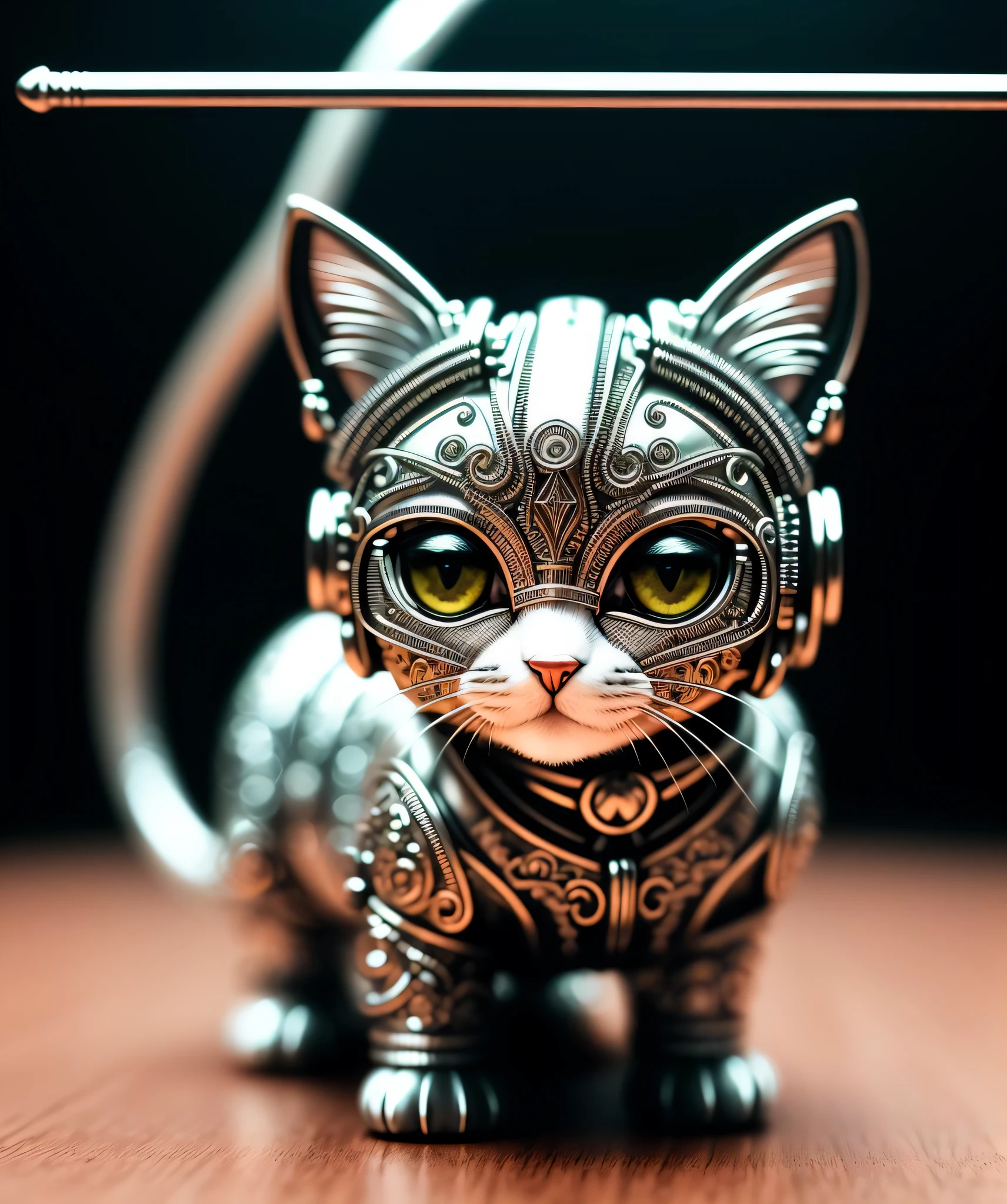 a cute kitten made out of metal, (cyborg:1.1), ([tail | detailed wire]:1.3), (intricate details), hdr, (intricate details, hyperdetailed:1.2), cinematic shot, vignette, centered