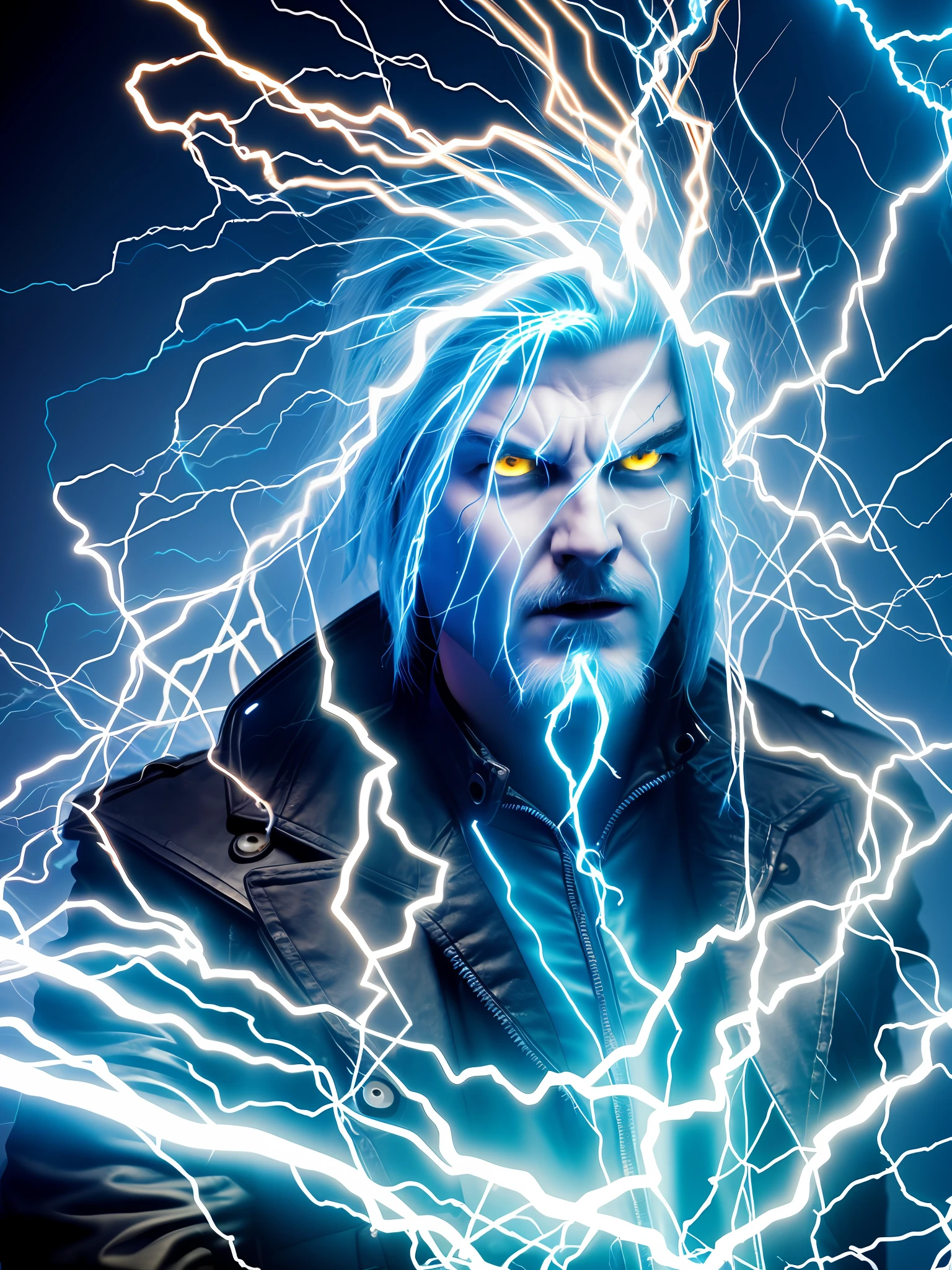 Prompt: An electric wizard releasing lightning bolts everywhere with his eyes lit with blue shock and angry expression. The illustration is in high definition in 8k resolution, with highly detailed facial features and realistic style visuals. Away view of the character