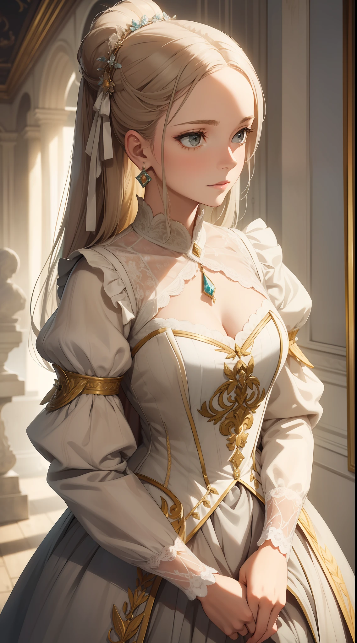 1girl solo Style: Historical
Quality: Exquisite details in clothes and props
Painting: Soft colors and pastel tones
Image effect: Light graininess, like an old painting
Appearance: A noble aristocrat of the eighteenth century, wearing a dazzling dress, with intricate lace and bows. Her hair is elegantly combed and adorned with precious jewelry. She possesses a graceful posture and a serene expression, reflecting her sophistication.