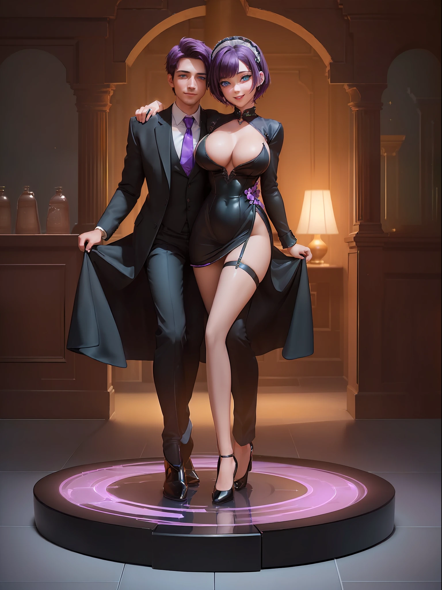 ((Full body):2) {((a woman and a man):2)}; {Only one woman}:{((She is wearing extremely sexy black maid outfit extremely tight and short in the body, with very short and tight white skirt):1.5), She has ((very short purple hair and sparkling green eyes ):1.5), She has ((extremely large breasts):1.5), She is ((looking at the viewer, smiling):1.5), She is ((striking an erotic pose):1.5)}; {Just a man}:{((He has short brown hair, blue eyes, is wearing a black suit, long dress pants):1.5), He ((is holding tightly):1.5) her, grabbing her by the waist}; {Background:((In a well-lit hotel, crowded with people of different ethnicities and clothing):1.5)}, Hyperrealism, 16k, ((best quality, high details):1.4), anatomically correct, UHD, masterpiece, ambient lighting