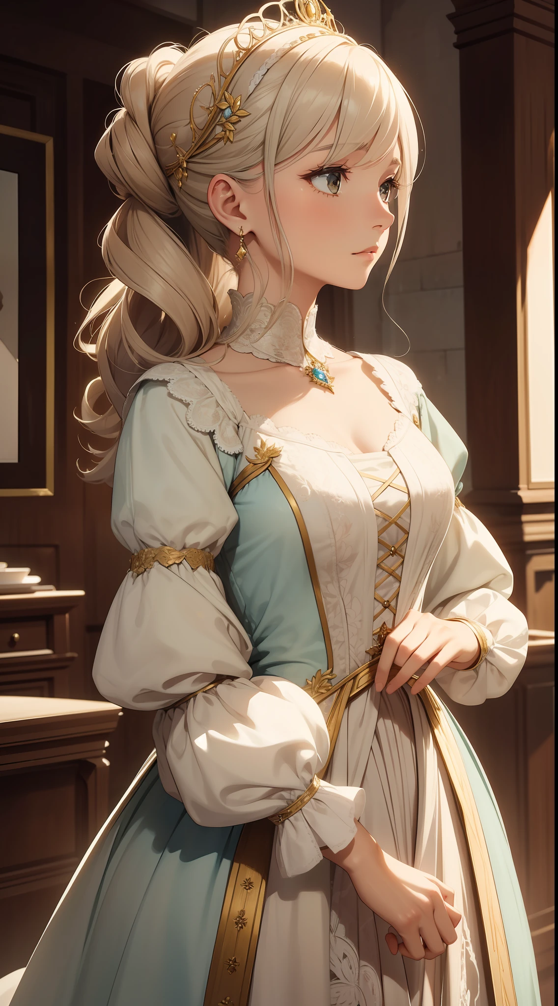 1girl solo Style: Historical
Quality: Exquisite details in clothes and props
Painting: Soft colors and pastel tones
Image effect: Light graininess, like an old painting
Appearance: A noble aristocrat of the eighteenth century, wearing a dazzling dress, with intricate lace and bows. Her hair is elegantly combed and adorned with precious jewelry. She possesses a graceful posture and a serene expression, reflecting her sophistication.