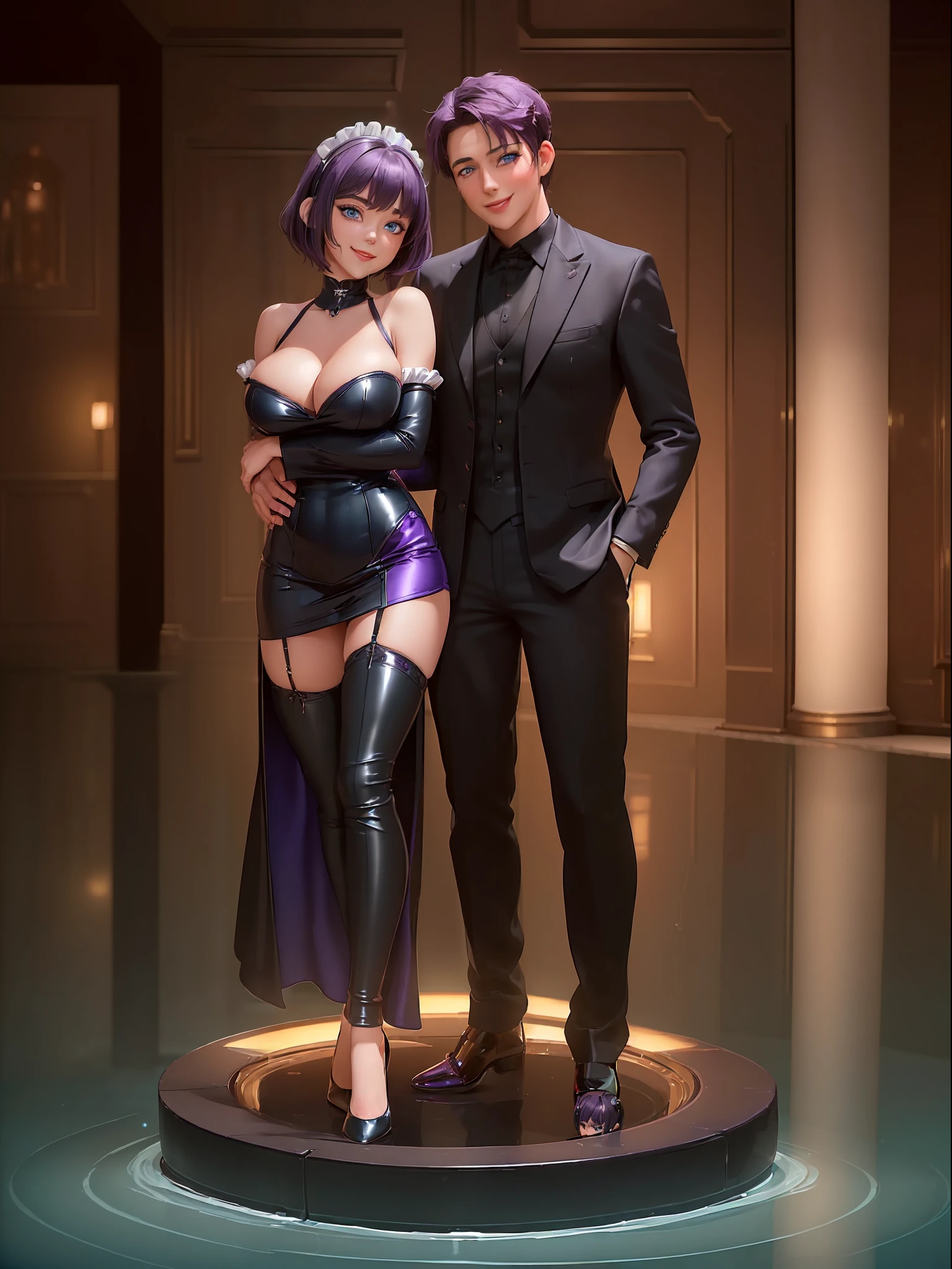 ((Full body):2) {((a woman and a man):2)}; {Only one woman}:{((She is wearing extremely sexy black maid outfit extremely tight and short in the body, with very short and tight white skirt):1.5), She has ((very short purple hair and sparkling green eyes ):1.5), She has ((extremely large breasts):1.5), She is ((looking at the viewer, smiling):1.5), She is ((striking an erotic pose):1.5)}; {Just a man}:{((He has short brown hair, blue eyes, is wearing a black suit, long dress pants):1.5), He ((is holding tightly):1.5) her, grabbing her by the waist}; {Background:((In a well-lit hotel, crowded with people of different ethnicities and clothing):1.5)}, Hyperrealism, 16k, ((best quality, high details):1.4), anatomically correct, UHD, masterpiece, ambient lighting