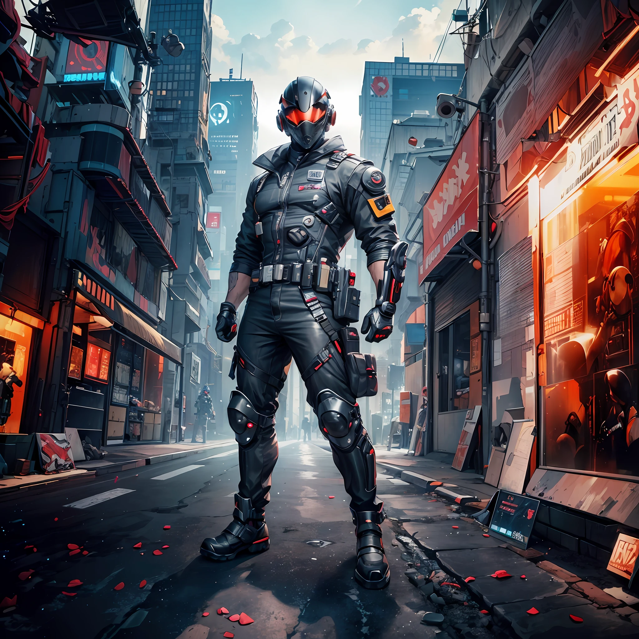 (masterpiece, high quality, 8K, full body) male, muscular male, muscle detail, faceless, faceless male, masked, helmet, cyberpunk mask, cyberpunk helmet, helmet covering all of face, googly eyes on helmet, engineer outfit, safety jacket, longpants, gloves, safety belts, pantofel shoes, dynamic pose, cyberpunk background