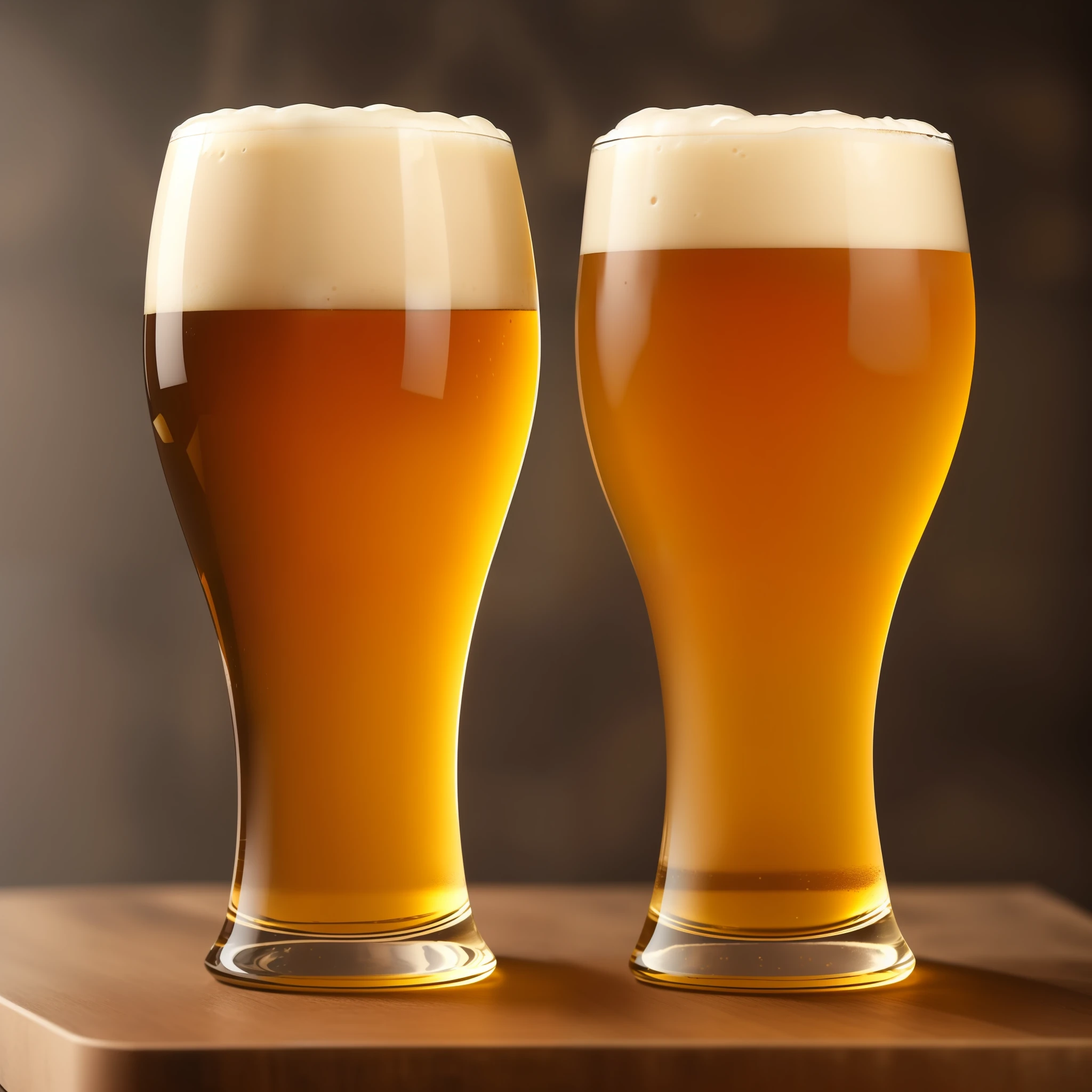There are two glasses of beer sitting on a cutting board, shutterstock, malt, beer-textured surface, New England IPA, drinking a beer, cheers, cinematic beer, on a dark background, mead, draft beer, masterpiece, high resolution, 4k