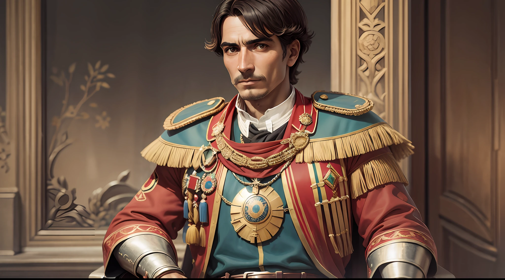 Portuguese conqueror of the colonial era posing for a picture, air of superiority, rich