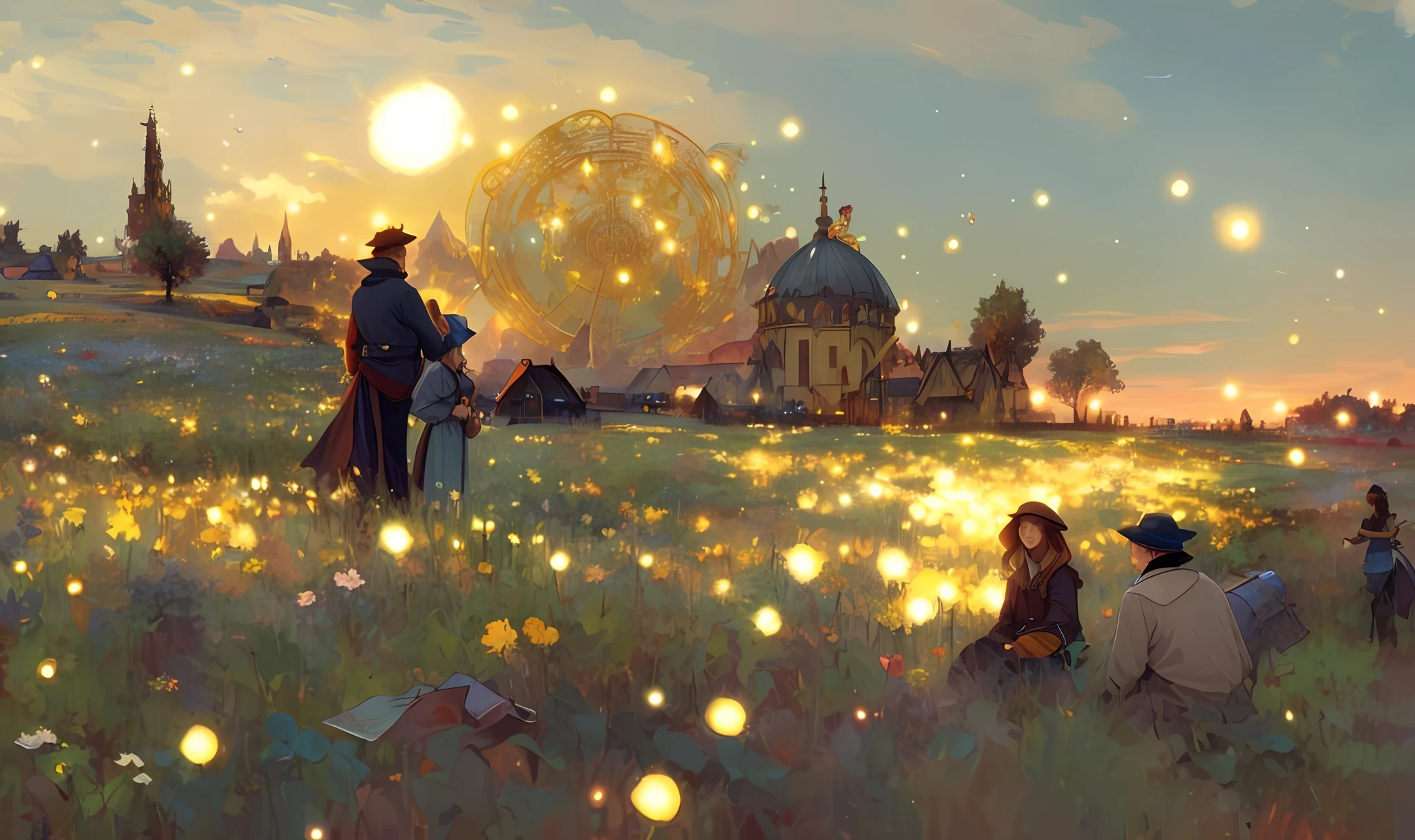 Images of men and women in the fields of Alafeld, starry night in the sky, Bippel and Alphonse Mucha, Bipur and James Jean, Bipple and Jean Giraud, Cyril Rolando and M.W. Calluta, Cyril Rolando and M.W. Kaluta, Len Mack, Alphonse Mucha and Craig Mullins