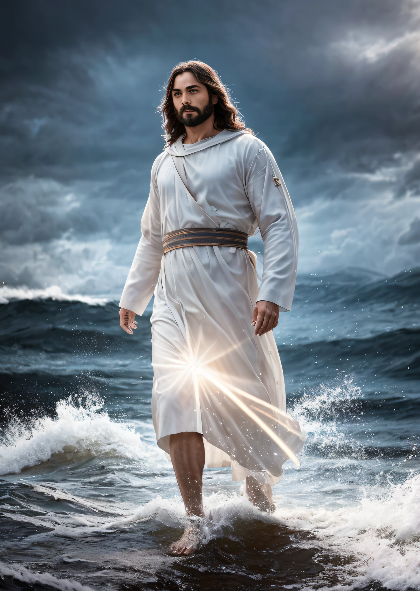 Jesus walking on water in a storm, gentle expression, streaks of light coming down from the sky, masterpiece, highest quality, high quality, highly detailed CG unit 8k wallpaper, award-winning photos, bokeh, depth of field, HDR, bloom, chromatic aberration, realistic, very detailed, trending at artstation, trending at CGsociety, complex, high detail, dramatic, mid-journey art, volumetric lighting