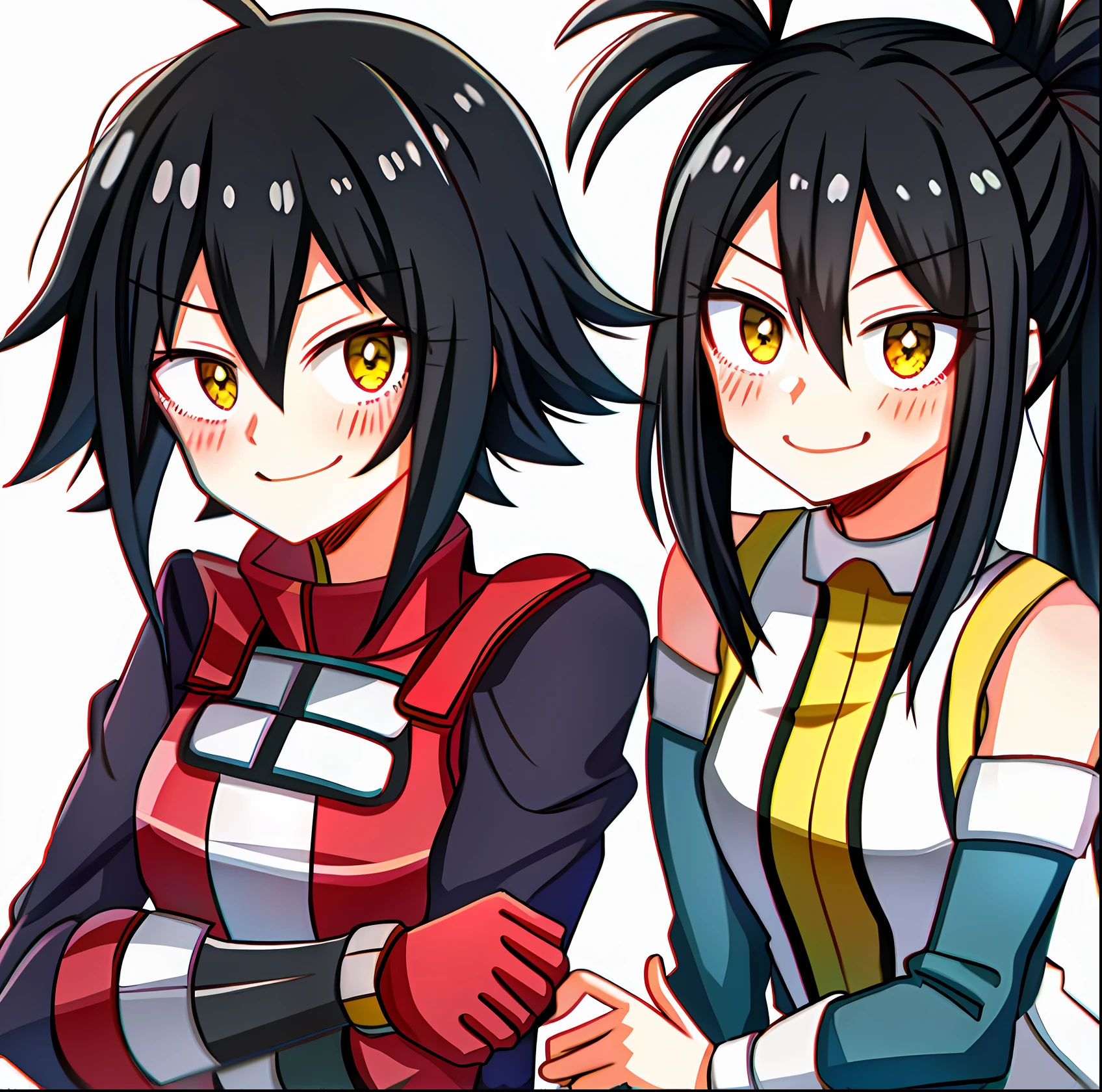 Family Photo, My Hero Academia art style. Black Hairs, Ponytail, Closed Mouths