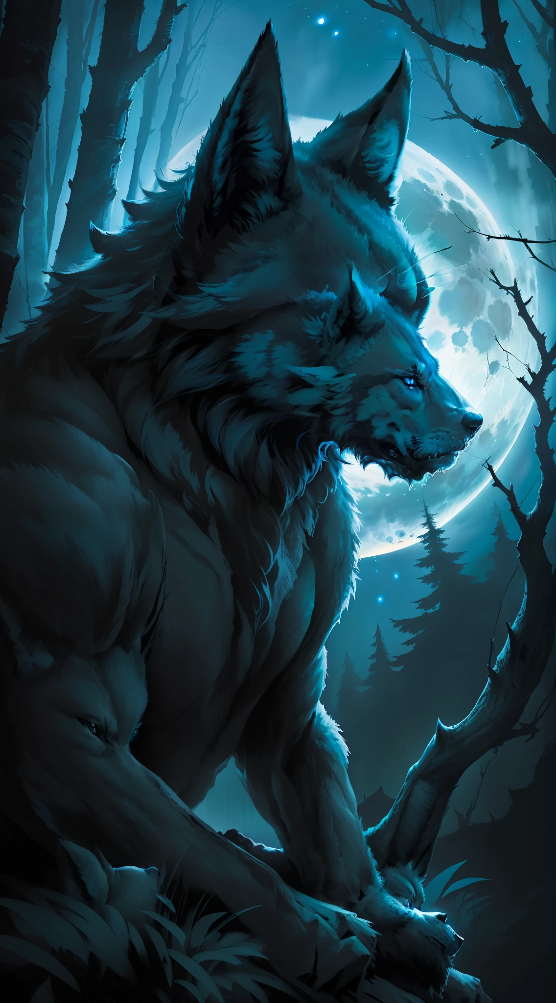 (Masterpiece detailed high image quality) "Black color with blue eyes" wolf dangerous forest, midnight, full moon. 1 solo lobe. ( Front angle of image) ( image open)