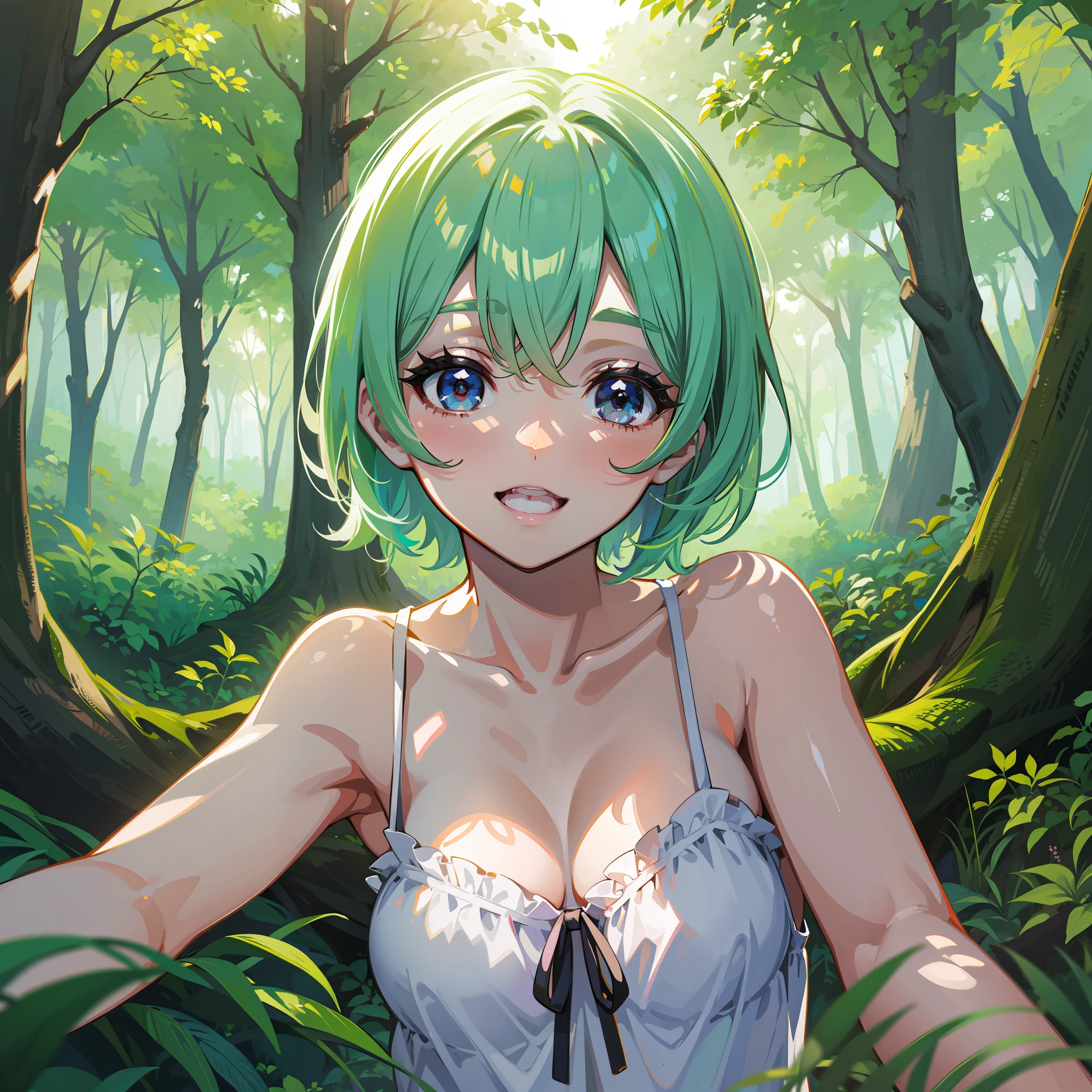 angelic girl, bright smile, detailed body, in the forest, bright sun, fairy, white camisole, corolla, short hair