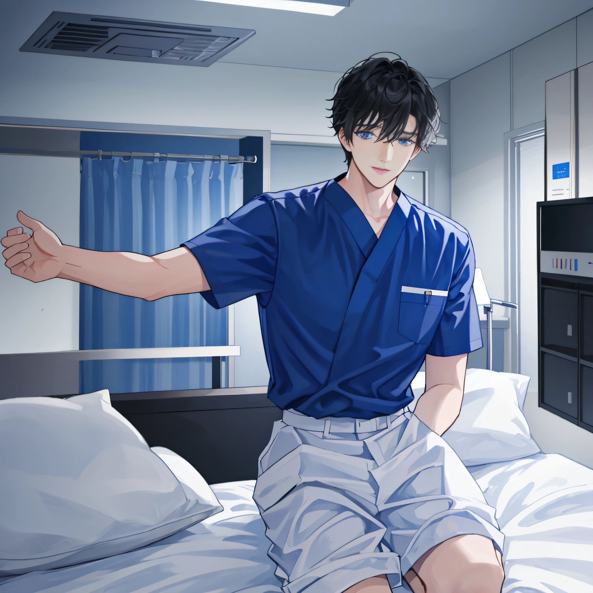 "An adult male in a hospital setting, with black hair and blue eyes. Hospital bed, the picture should be a full-body shot and have dynamic lighting