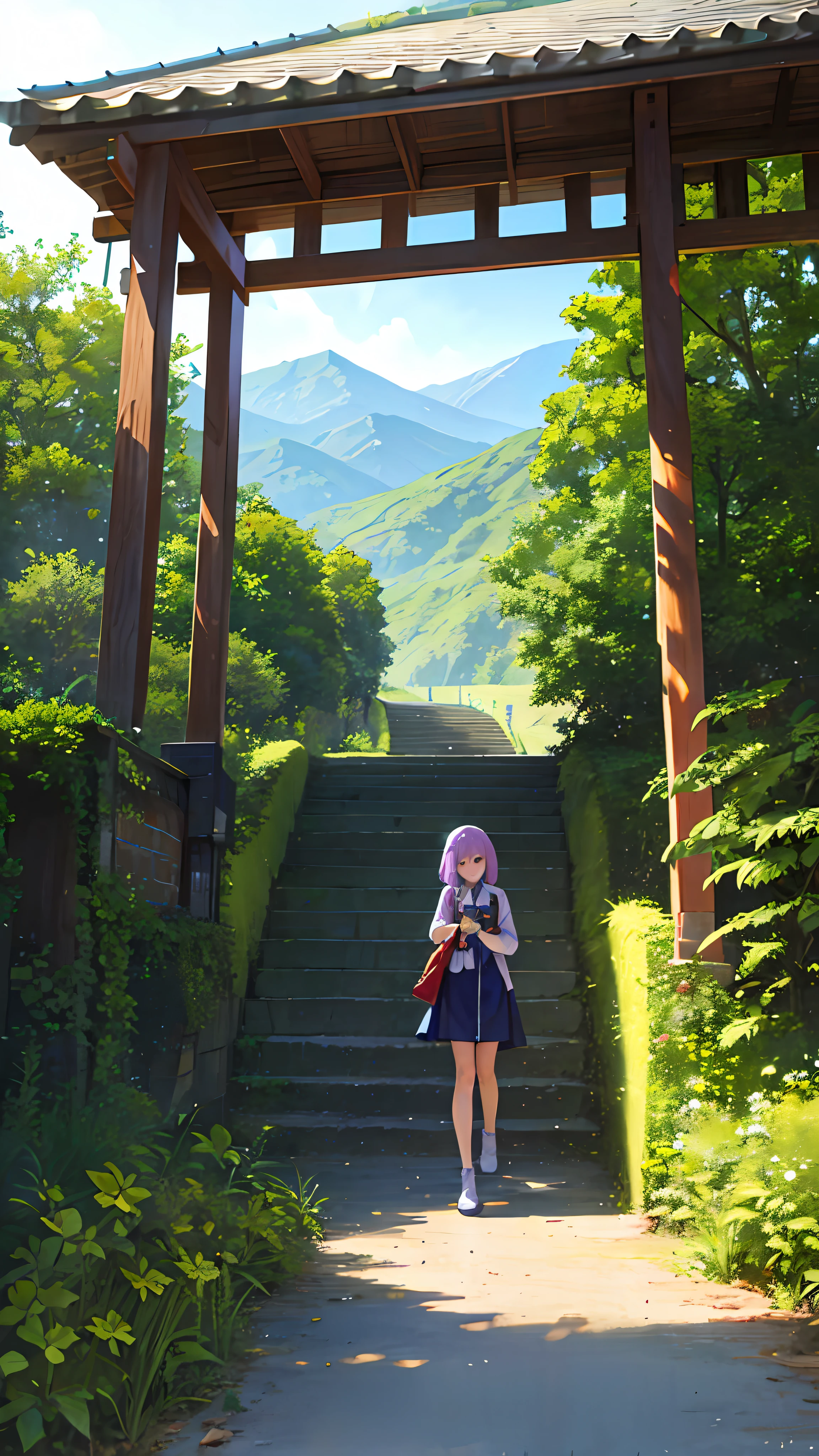 (ultra high res,photorealistic,best quality,photo-realistic),(8k,raw photo,best quality,masterplece),(photon mapping,radiosity,physically-based rendering,automatic white balance),real person,photograph,bridge, building, bush, city, cloud, day, door, fence, field,orest, garden, grass, house, hydrangea, mountain, nature, no_humans, outdoors, path, plant, potted_plant, purple_flower, road, scenery, sky, skyscraper, traditional_media, tree,