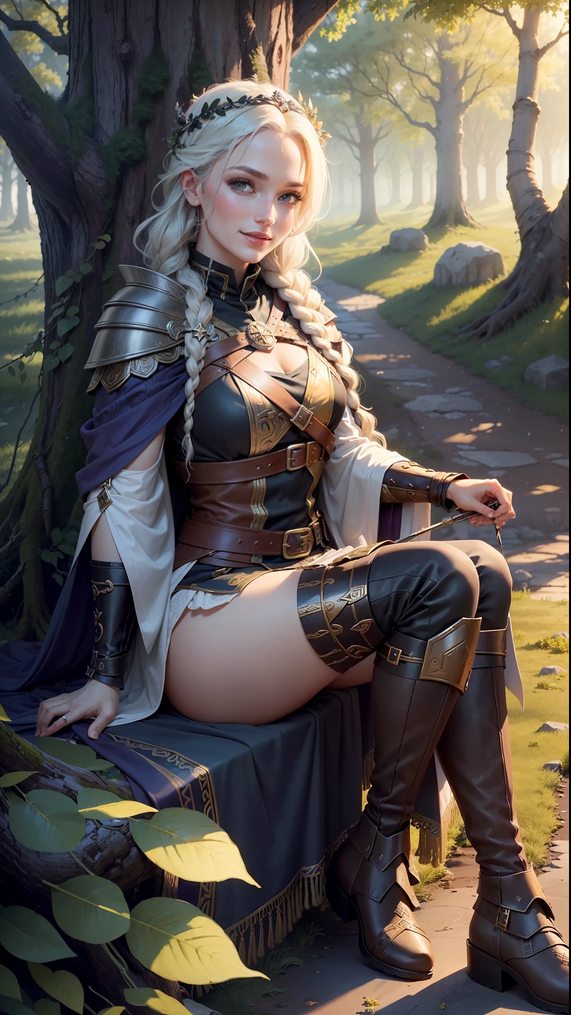 ((Best quality)), ((masterpiece)), (highly detailed:1.3), 3D, arcane style. A Norse Goddess was celebrating her day in Valhalla, sitting below a gigantic tree with beautiful fruits. Around her he could complete the harmony of nature, from afar she could see Odin, which made her smile in joy.