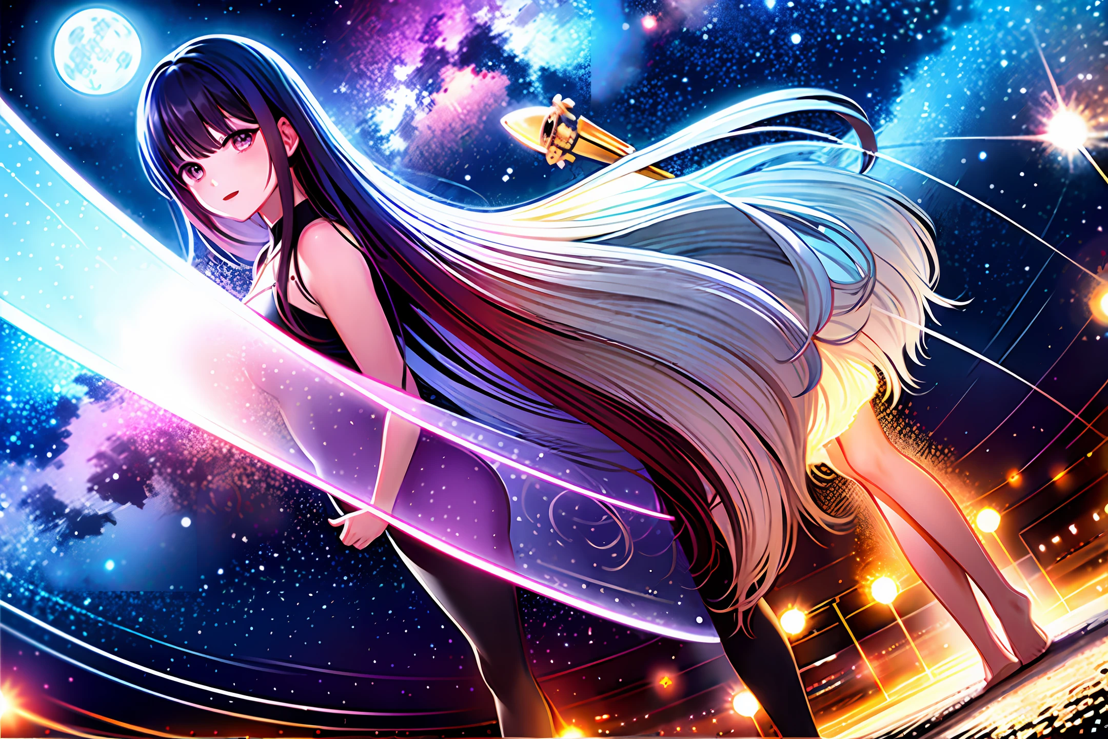 expansive landscape photograph , (a view from below that shows sky above and open field below), a angel standing on flower field looking up, (full moon:1.2), ( shooting stars:0.9), (nebula:1.3), distant mountain, tree BREAK production art, (warm light source:1.2), (Firefly:1.2), lamp, lot of purple and orange, intricate details, volumetric lighting, realism BREAK (masterpiece:1.2), (best quality), 4k, ultra-detailed, (dynamic composition:1.4), highly detailed, colorful details,( iridescent colors:1.2), (glowing lighting, atmospheric lighting), dreamy, magical, (solo:1.2)