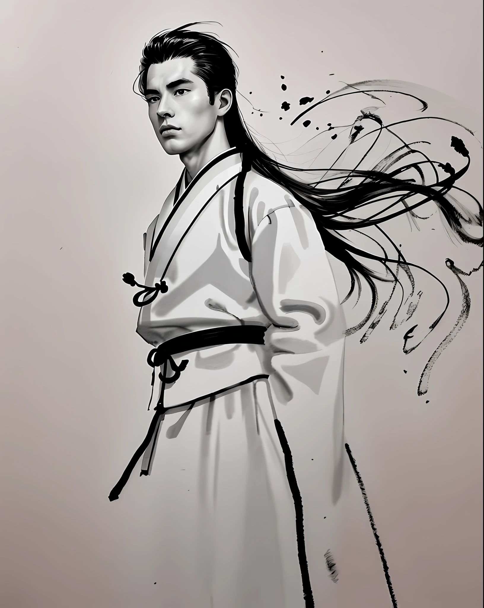 zydink, monochrome, ink sketch, 1boy, handsome man, young Taoist, Taoist, meditation posture, looking at the audience, long hair, floating hair, hanfu, chinese clothes, long sleeves, (abstract ink splash: 1.2), white background