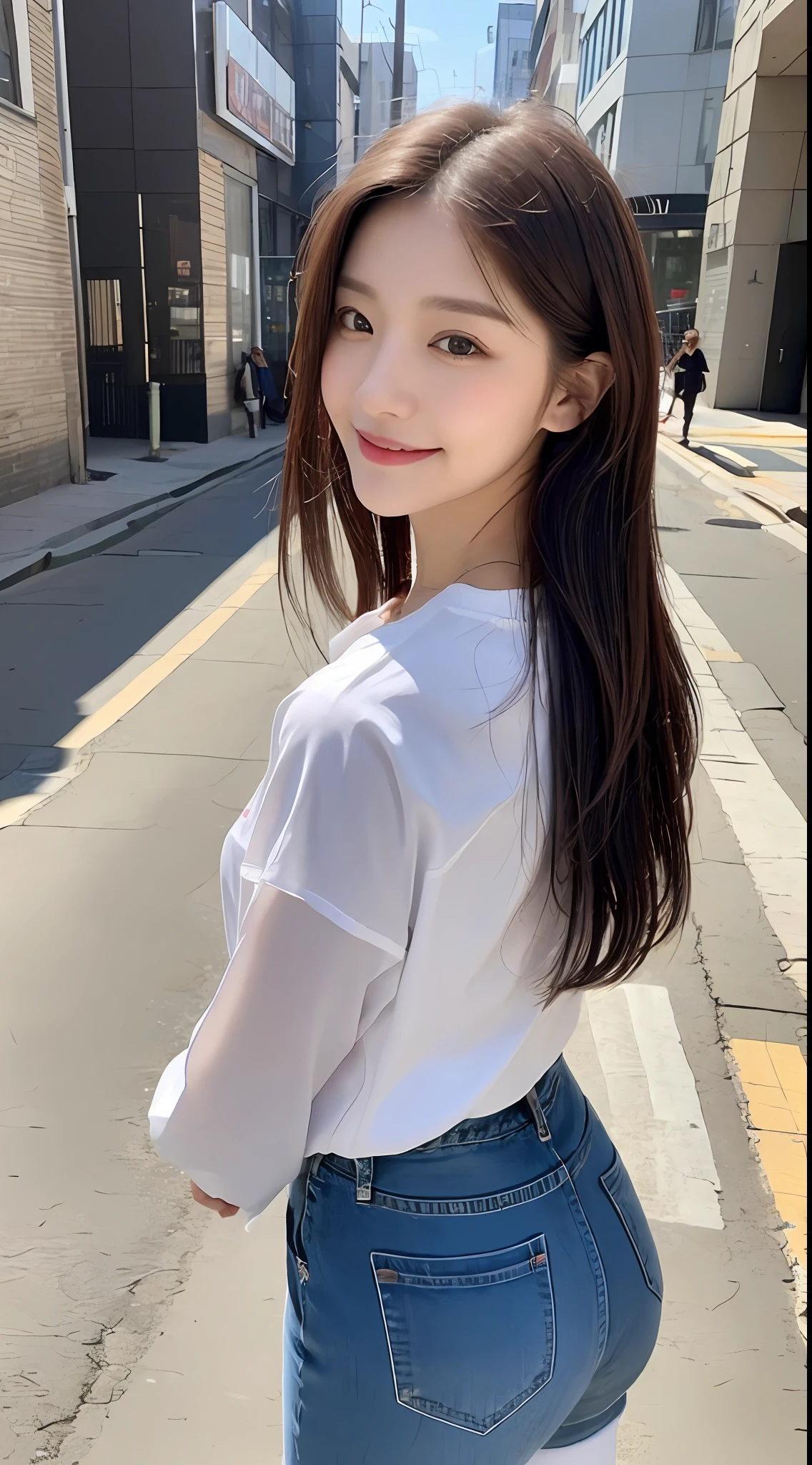 ((Top Quality, 8K, Masterpiece: 1.3)), Focus: 1.2, Perfect Body Beauty: 1.4, Ass: 1.2, ((Layered Haircut, Chest: 1.2)), (Wet Clothes: 1.1), (Street: 1.3), Jersey: 1.1, Highly Detailed Face and Skin Texture, Narrow Eyes, Double Eyelids, Whitening Skin, Long Hair, (Shut Up: 1.3), Smile