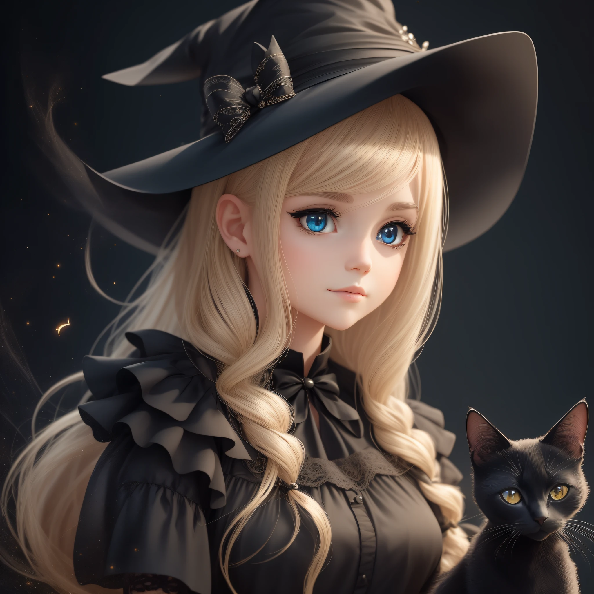 A detailed and charming description of a cute little witch in black with a delicate look, blonde hair and a black cat on the side. Its realistic 3D appearance is captivating, with soft and expressive strokes. The little witch wears a black dress adorned with magical details and holds a magic wand in her hand. Her blonde hair cascades down with a soft sheen, complementing her gentle and curious expression. Beside him, the shiny-furred black cat watches with mysterious, enigmatic eyes --auto --s2