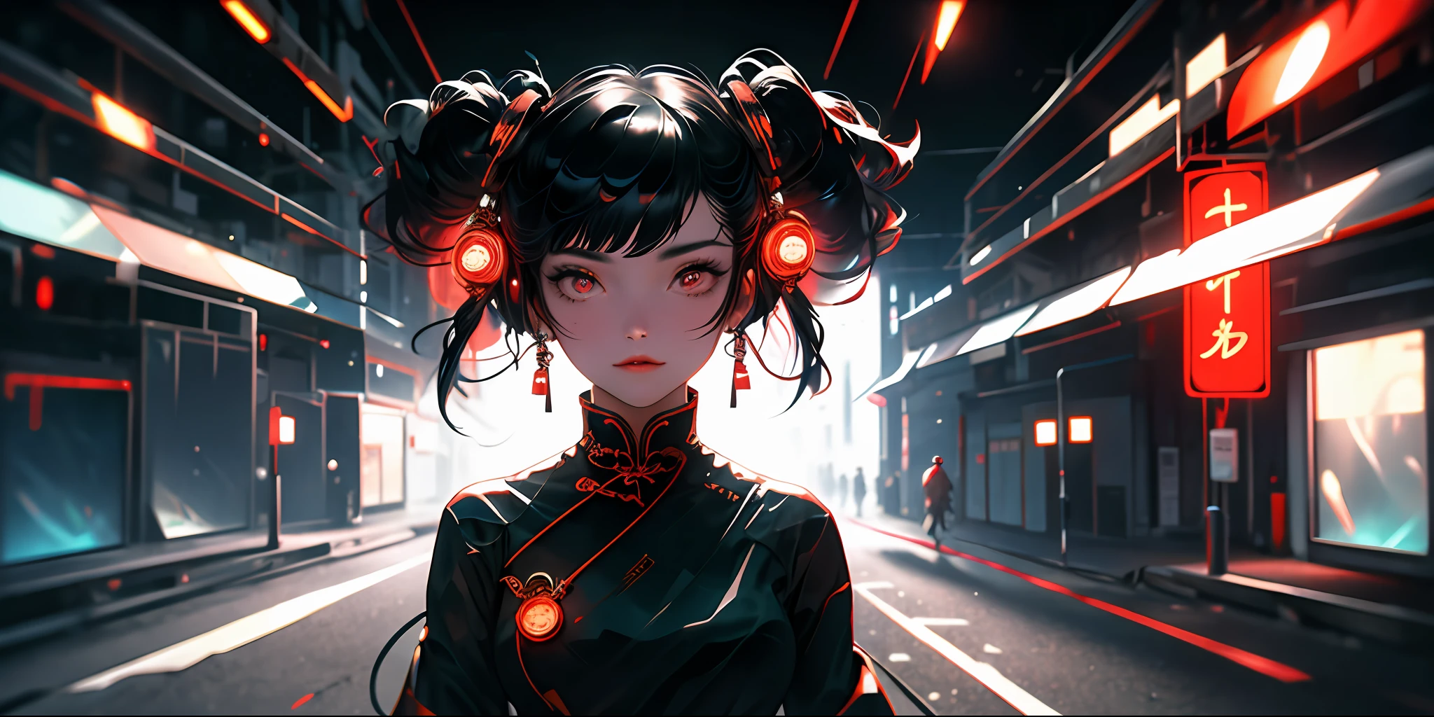 1 girl, Chinese_clothes, liquid black titanium and red, cyberhan, cheongsam, cyberpunk city, dynamic pose, detailed luminous headphones, luminous hair accessories, long hair, luminous earrings, luminous necklace, cyberpunk, high-tech city, full of mechanical and futuristic elements, futuristic, technology, glowing neon, red, red light, transparent black tulle, black ribbon, laser, digital background urban sky, big moon, with vehicles, best quality, masterpiece, 8K, character edge light, Super high detail, high quality, the most beautiful woman in human beings, micro smile, face facing front left and right symmetry, ear decoration, beautiful pupils, light effects, visual data, dark black hair, super detailed face texture, bright leather red gloves, elevation shooting, surreal light and shadow, complex brush strokes, complex lines, background night