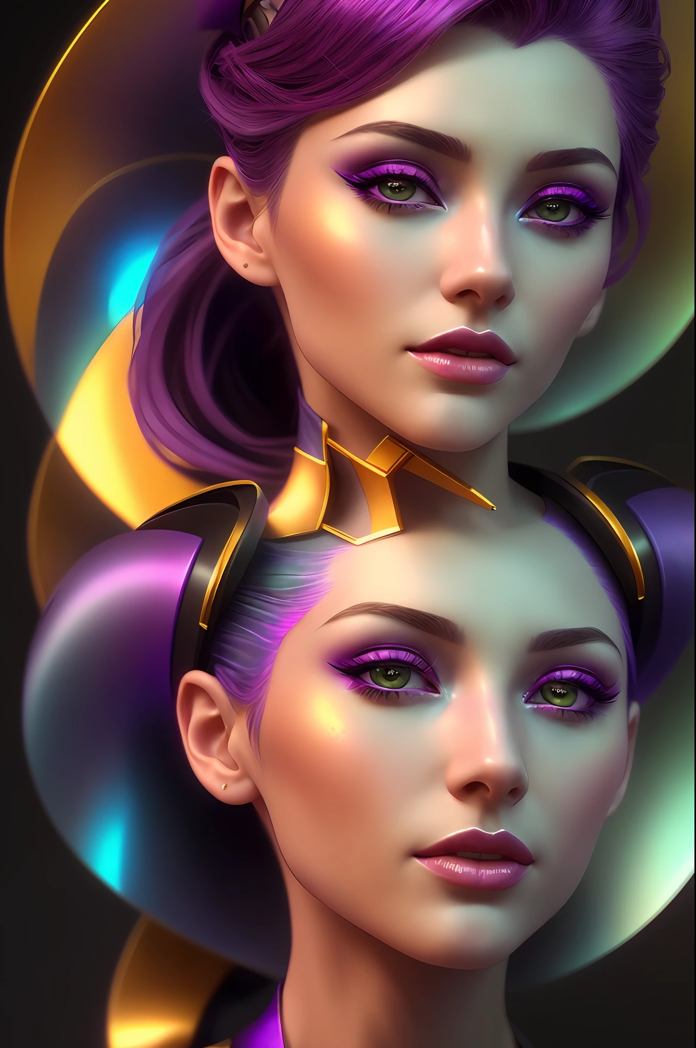 a close up of a woman with a purple dress and gold hair, stunning digital illustration, futuristic woman portrait, portrait beautiful sci - fi girl, beautiful digital artwork, beautiful fantasy portrait, cgsociety portrait, fantasy art behance, fashionable futuristic woman, goddess close-up portrait, gorgeous digital painting, fantasy portrait, gorgeous digital art, 8k portrait render, glossy digital painting