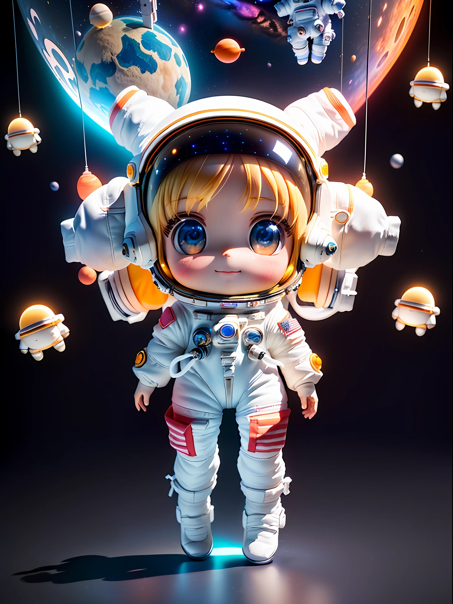 Super cute girl full body 3D picture, 1pc, good looking eyes, big eyes, cute, happy, c4d, pop matt blind box, white long hair, glowing bubbles, toys, solid color background, chibi, fluorescent translucency, luminous body, kawaii, doll, (((astronaut, spacesuit))), reference table, pop mart blind box, Pixar, complex details, 3d rendering, blender, OC renderer, fol body reference sheet, dribble, high details, 8k, studio lighting, loli, petite, child, chibi, standard definition characters: 1.1, magic space chamber background (suspended in the air)