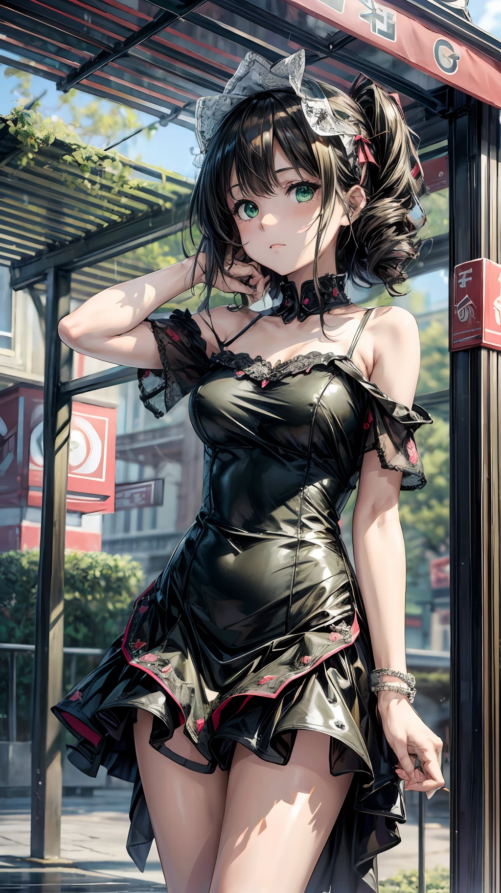 best quality, ultra-detailed, high resolution, extremely detailed cg, anime style, 8k, nice hands, perfect hands, perfect body, (green eyes), (black hair up to shoulder), drill hair, ribbon, beautiful eyes,wet clothes, short red dress, detailed and beautiful face and eyes, ((shiny skin)), shiny hair, (detailed and beautiful shiny clothes, under a kiosk, in a square, waiting for rain to pass,overcast sky, rainy day