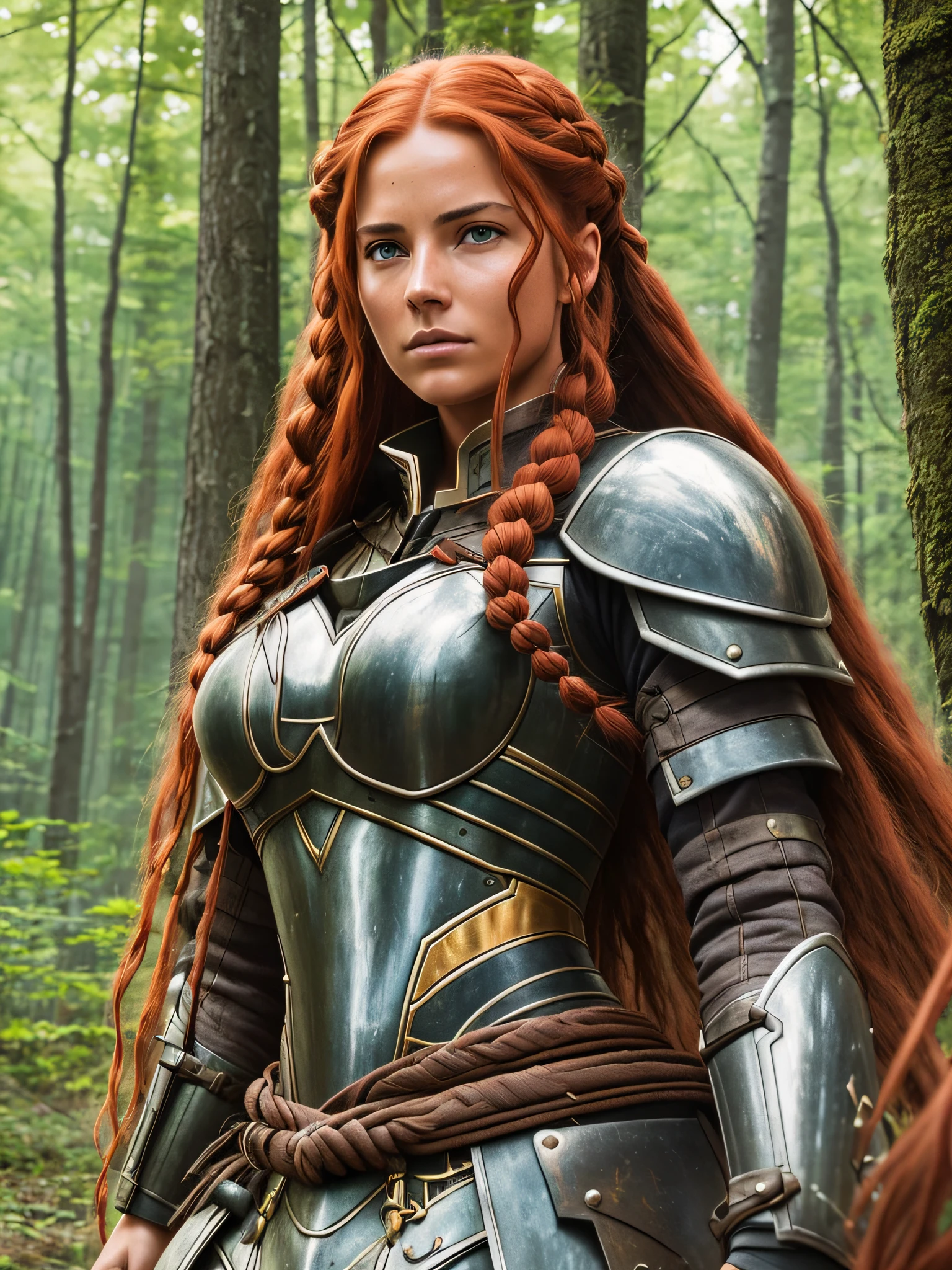 best quality, ultra detailed, cinematic scene, strong feminine energy, brave souls, skilled archers, dirt floor, dense forest, filtered sunlight, combat suits, long braided red hair, tanned skin, --auto --s2