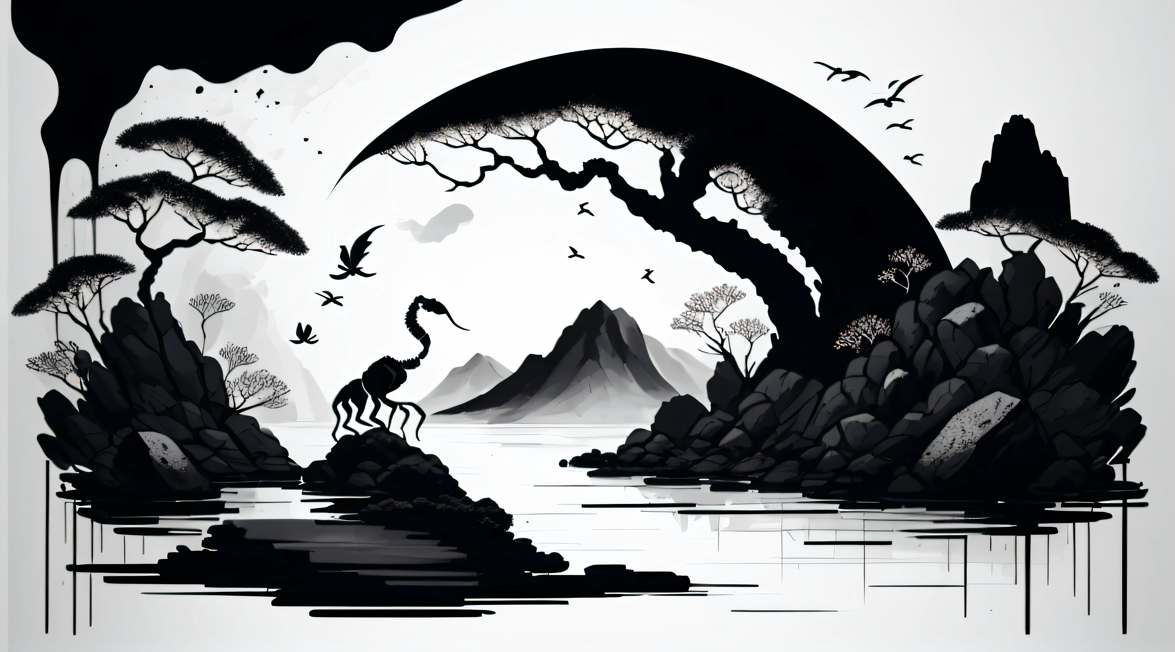 white background, there is a scorpion on the shore of a lake with various stones around, ink illustration, art illustration, black ink painting, black ink illustration, high contrast illustration, high contrast illustration, ink illustration, ink art, illustration art, illutstration, ink painting, painting illustration, poster illustration, spot illustration, illustration!, art illustration, illustration », illustration painting