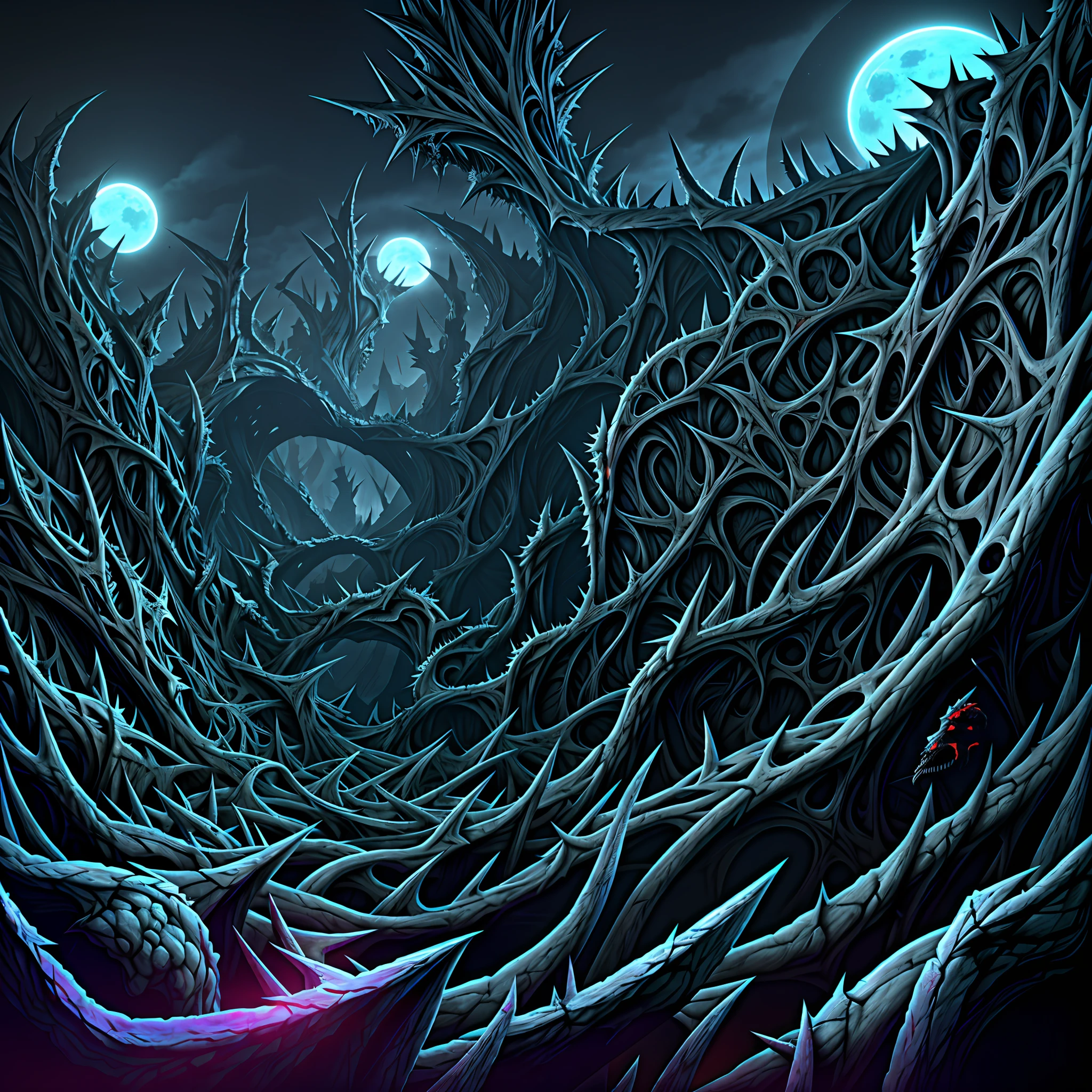 vast angle, view from the top, horror art, landscape of complex biomechanicals, biomorphic negative dimension, spiked walls, madness, thorns, artstation, UHD, unreal engine, sketch color drawing. 3D model.