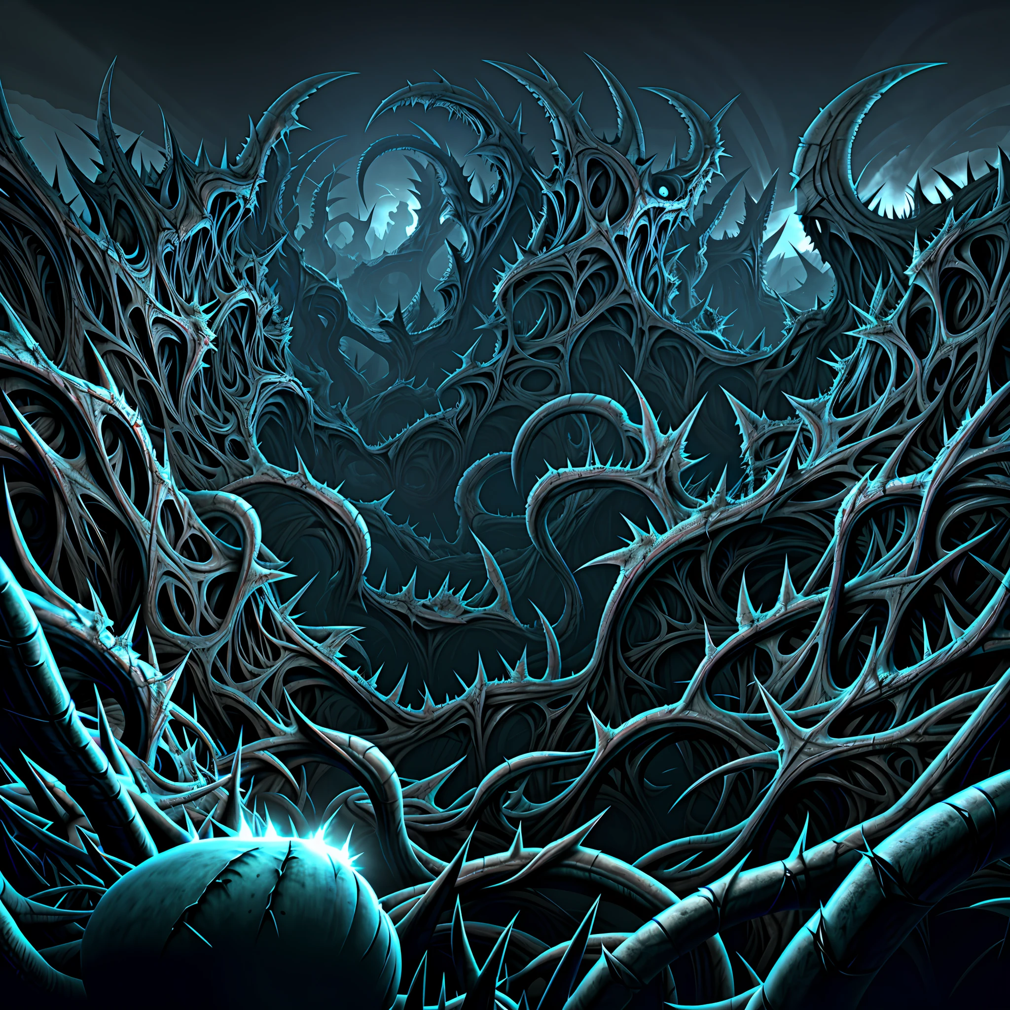 vast angle, view from the top, horror art, landscape of complex biomechanicals, biomorphic negative dimension, spiked walls, madness, thorns, artstation, UHD, unreal engine, sketch color drawing. 3D model.