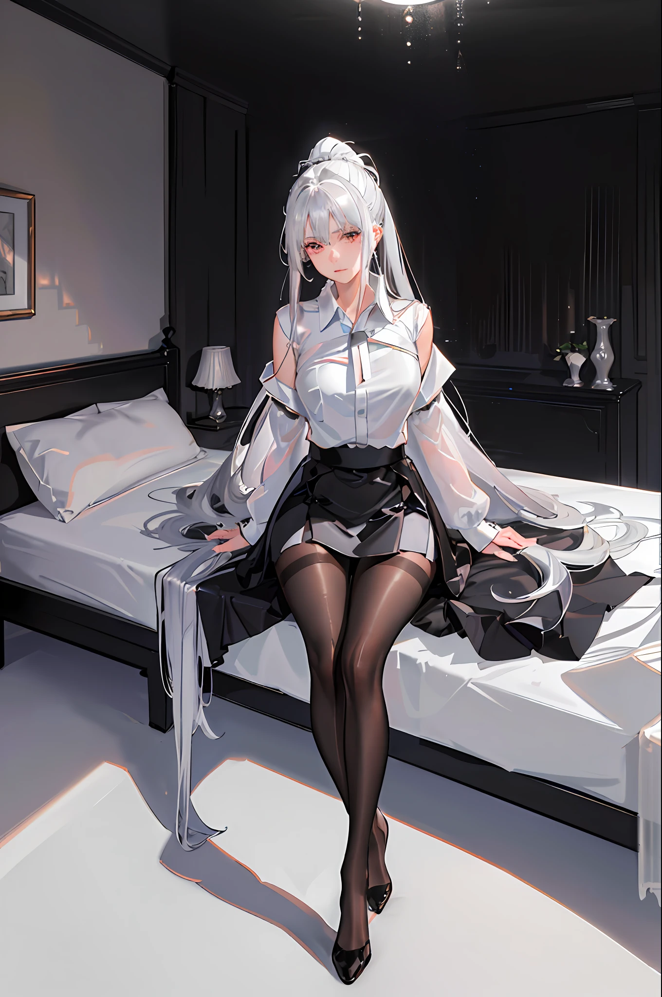 (((1 girl)),ray tracing,(dim lighting),[detailed background (bedroom)),((silver hair)),((silver hair)),(fluffy silver hair, plump and slim girl))) with high ponytail))) Avoid golden eyes in the ominous bedroom ((((girl wears a white shirt, black wrinkled skirt with black transparent pantyhose), showing a delicate slim figure and graceful curves, correct limbs, sitting on the bed,