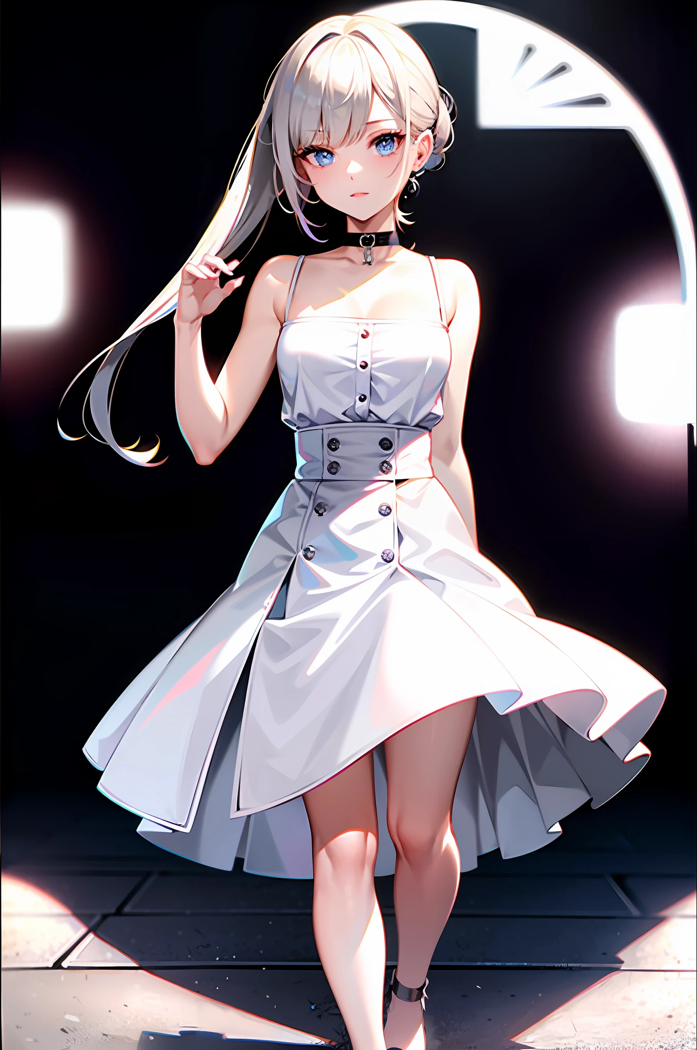 Best quality, ultra high definition, 1 girl, sleeveless white shirt with buttons, black skirt, black choker, cute, (Kpop idol), (aegyo sal:1), (platinum blonde hair:1), ((blue eyes)), looking at the viewer, full body, facing forward
