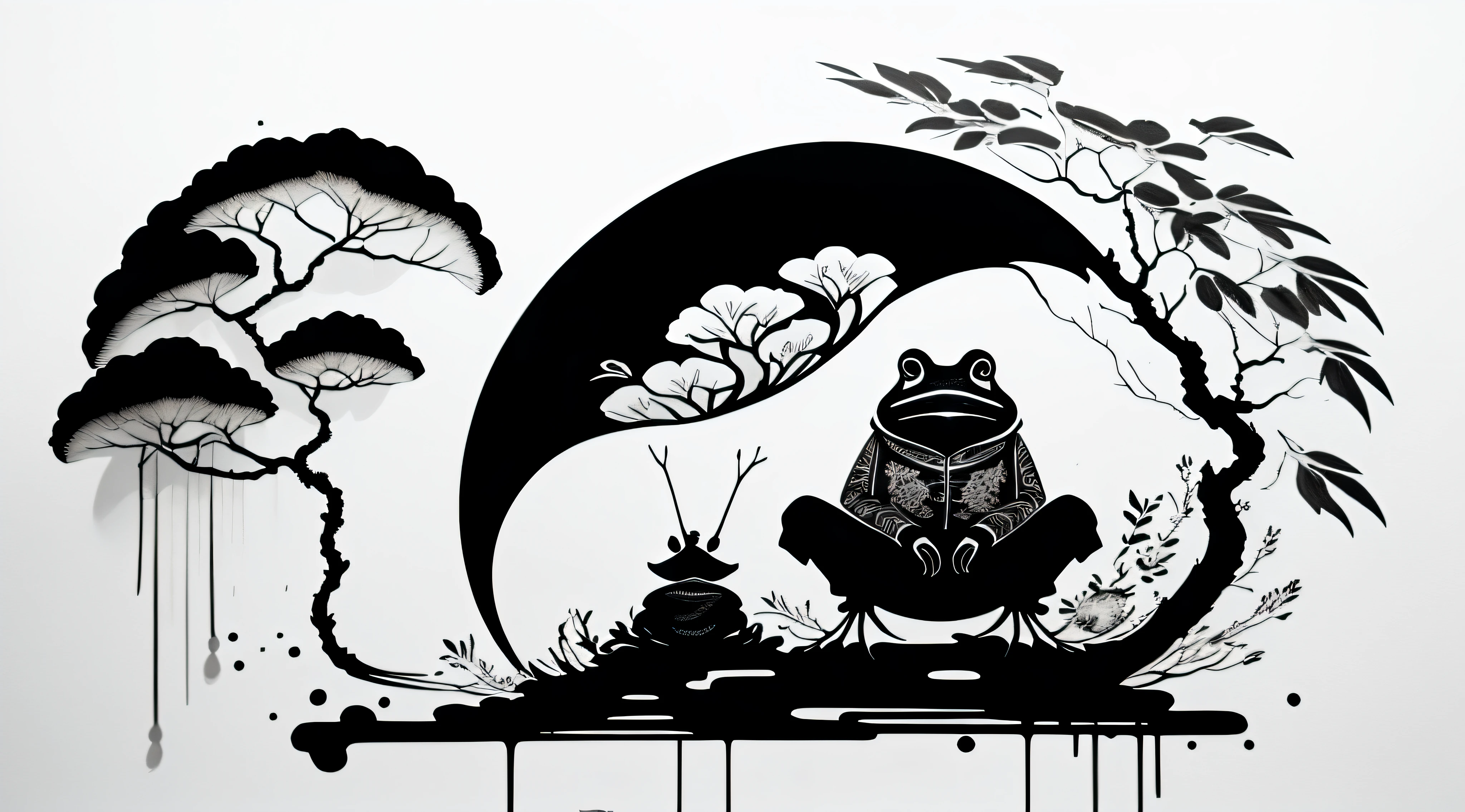 white background, there is a frog that is sitting on a branch with a stick, ink illustration, art illustration, black ink painting, black ink illustration, high contrast illustrations, high contrast illustration, ink illustration, ink art, illustration art, illutstration, ink painting, painting illustration, poster illustration, spot illustration, illustration!, art illustration, illustration », illustration painting