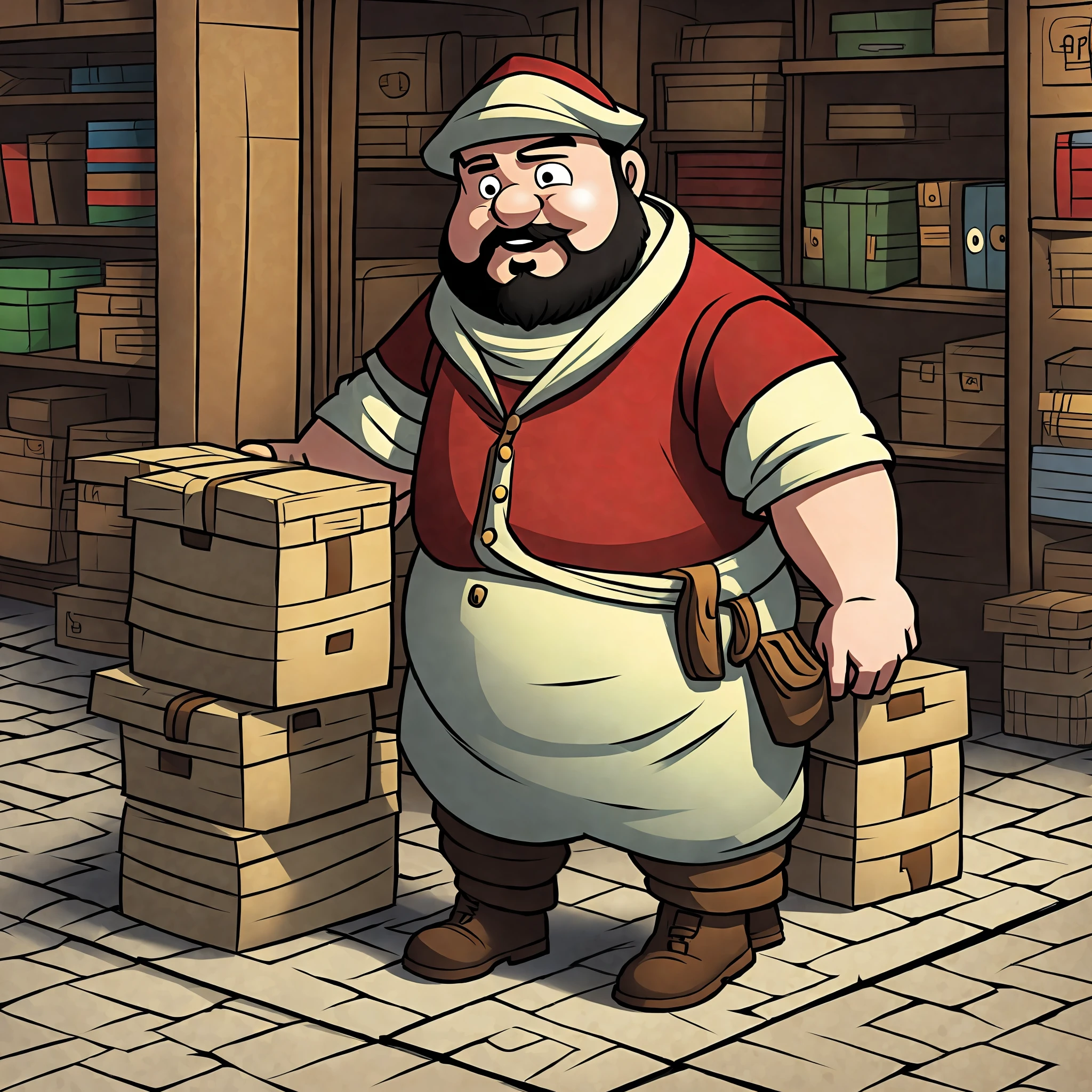 cartoon, fat merchant carrying many boxes, low resolution --auto --s2
