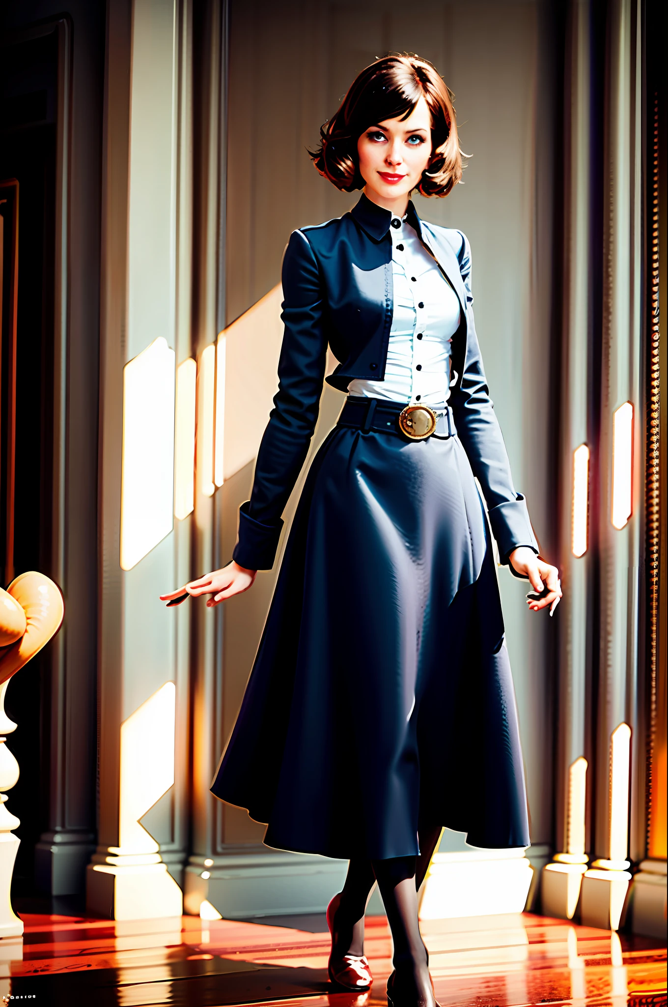 Elizabeth from Bioshock Infinite, masterpiece, high resolution, photorealistic, best quality, perfect lighting, adult, mature, female, 1 girl, solo, library, castle, elizabeth_bioshock, happy, smile, white shirt, black pencil skirt, (stockings: 1.2), red tiny belt, (flat chest: 1.5), small breast, flat ass, skinny, skinny legs