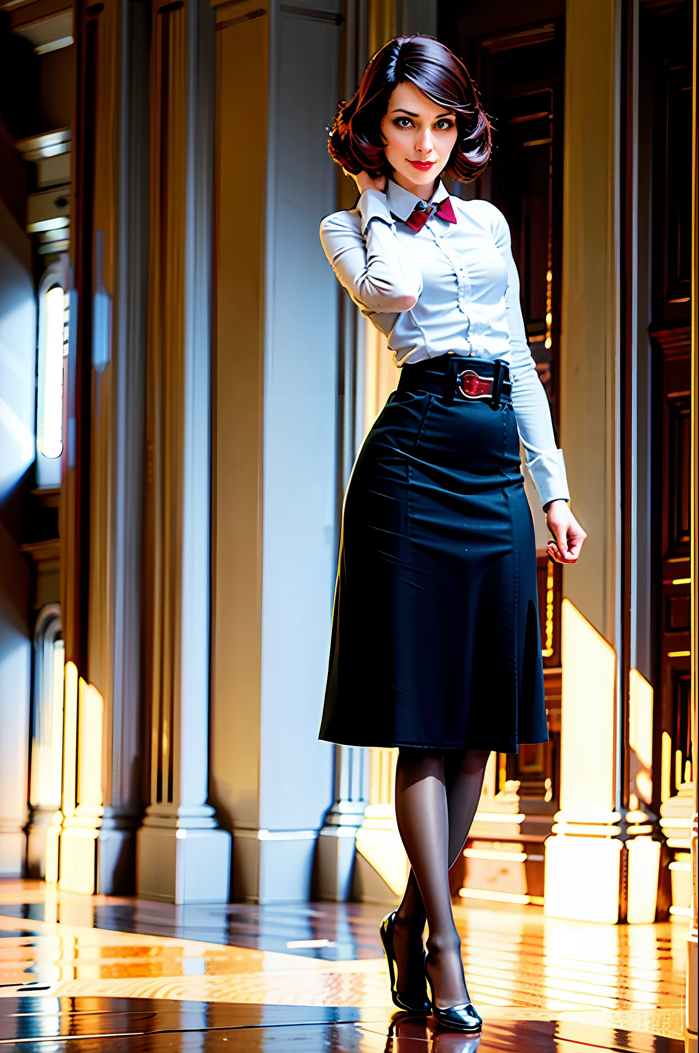 Elizabeth from Bioshock Infinite, masterpiece, high resolution, photorealistic, best quality, perfect lighting, adult, mature, female, 1 girl, solo, library, castle, elizabeth_bioshock, happy, smile, white shirt, black pencil skirt, (stockings: 1.2), red tiny belt, (flat chest: 1.5), small breast, flat ass, skinny, skinny legs