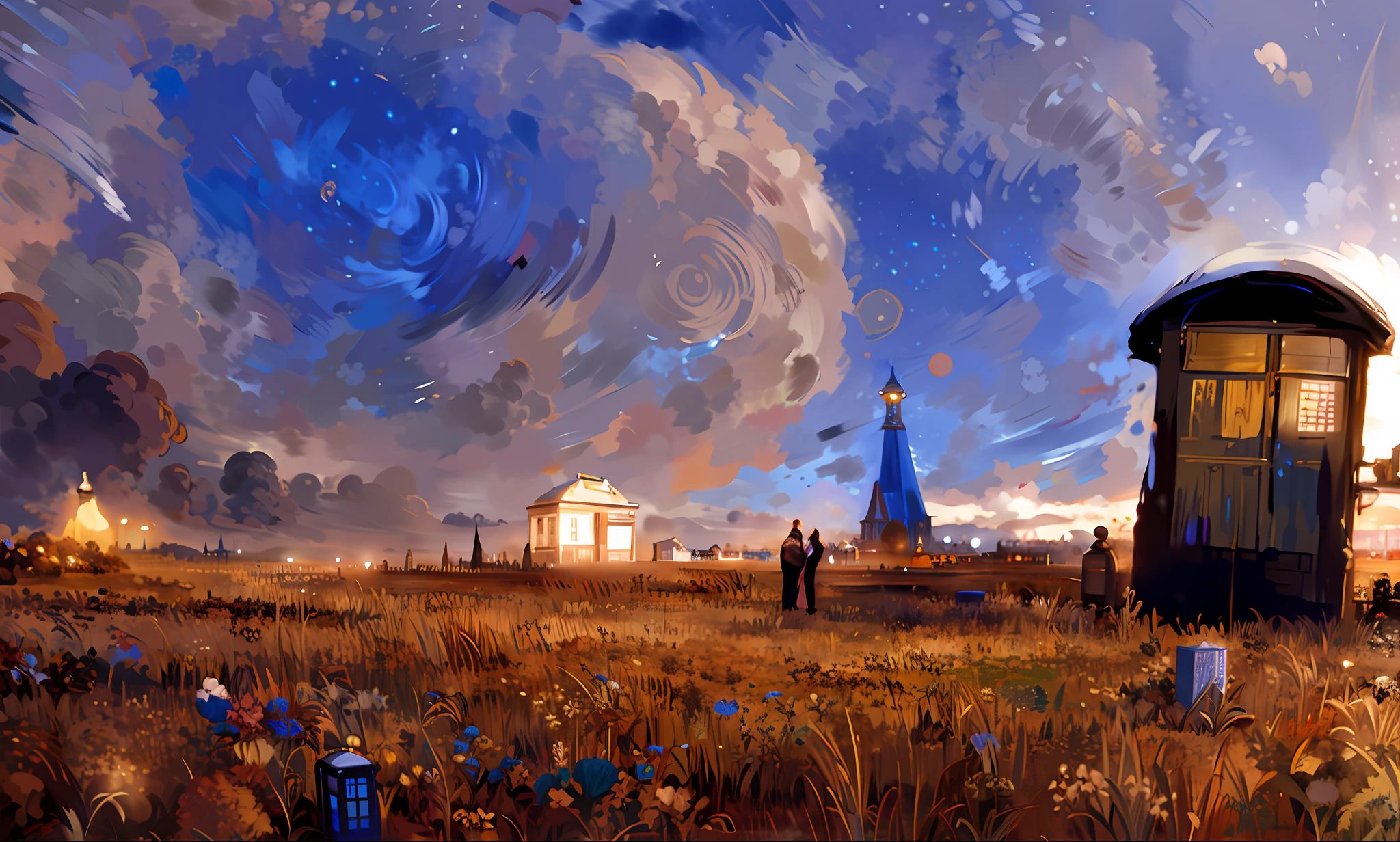 In the distance there is a field painting of a tardis and a tower, inspired by Vincent Lefebvre, Van Gogh style, epic surrealist 8K oil painting, beautiful art UHD 4 K, 4K highly detailed digital art, Van Gogh style, Van Gogh art style, Vincent Van Gogh style, Monet and da Vinci art style, inspired by Vincent di destiny