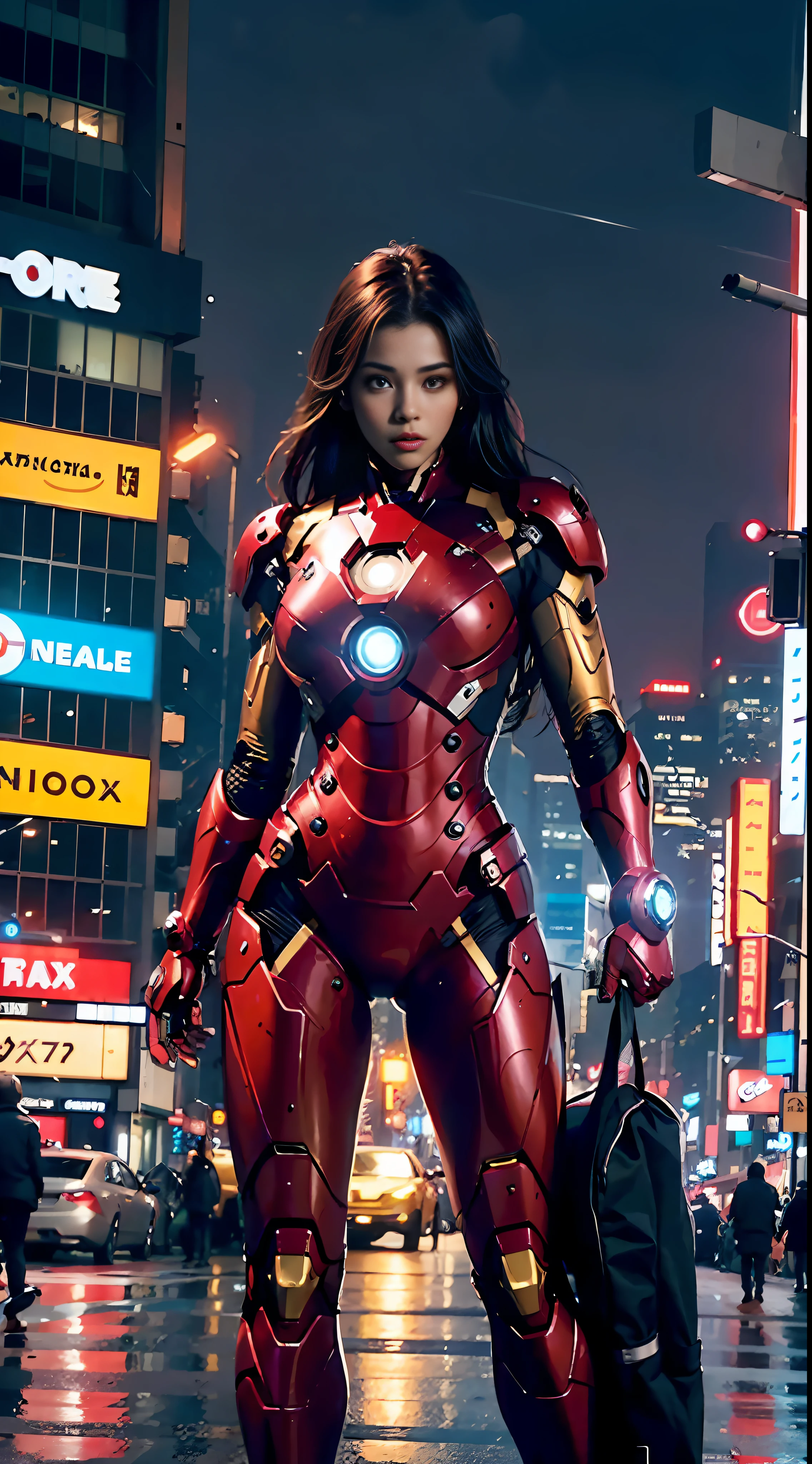 8k, realistic, attractive, highly detailed, a 20 year old girl a sexy and attractive woman inspired by Iron Man wearing a shiny Iron Man mech. She dresses with sexiness and confidence, perfectly interpreting Iron Man's strength and charisma. In a cyberpunk-style city night scene, a sexy and attractive woman takes Iron Man's cosplay as the theme. Wearing a shiny Iron Man mech, she stands on a street lined with tall buildings. The night lights of the city are bright, reflecting on her mecha, adding a sense of future technology. The surrounding buildings and streets are full of cyberpunk elements, such as neon lights, high-tech devices and futuristic architectural designs. The whole scene is full of futuristic and sci-fi atmosphere. This high-definition, high-quality picture will bring you stunning visual enjoyment, a perfect combination of sexy, futuristic and sci-fi elements. oc rendering, dramatic lighting, award winning quality